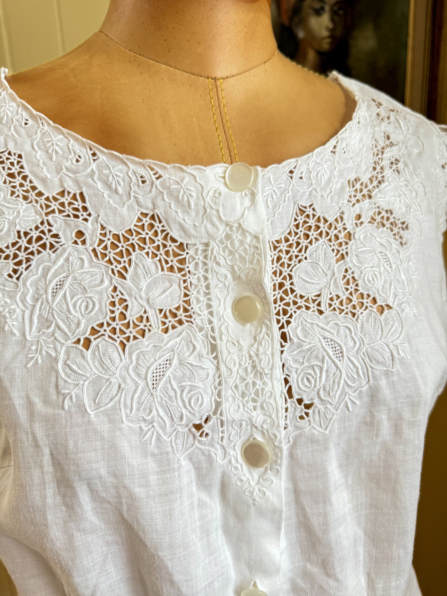 VINTAGE 1980S LINEN EMBROIDERED BUTTON THROUGH BLOUSE S