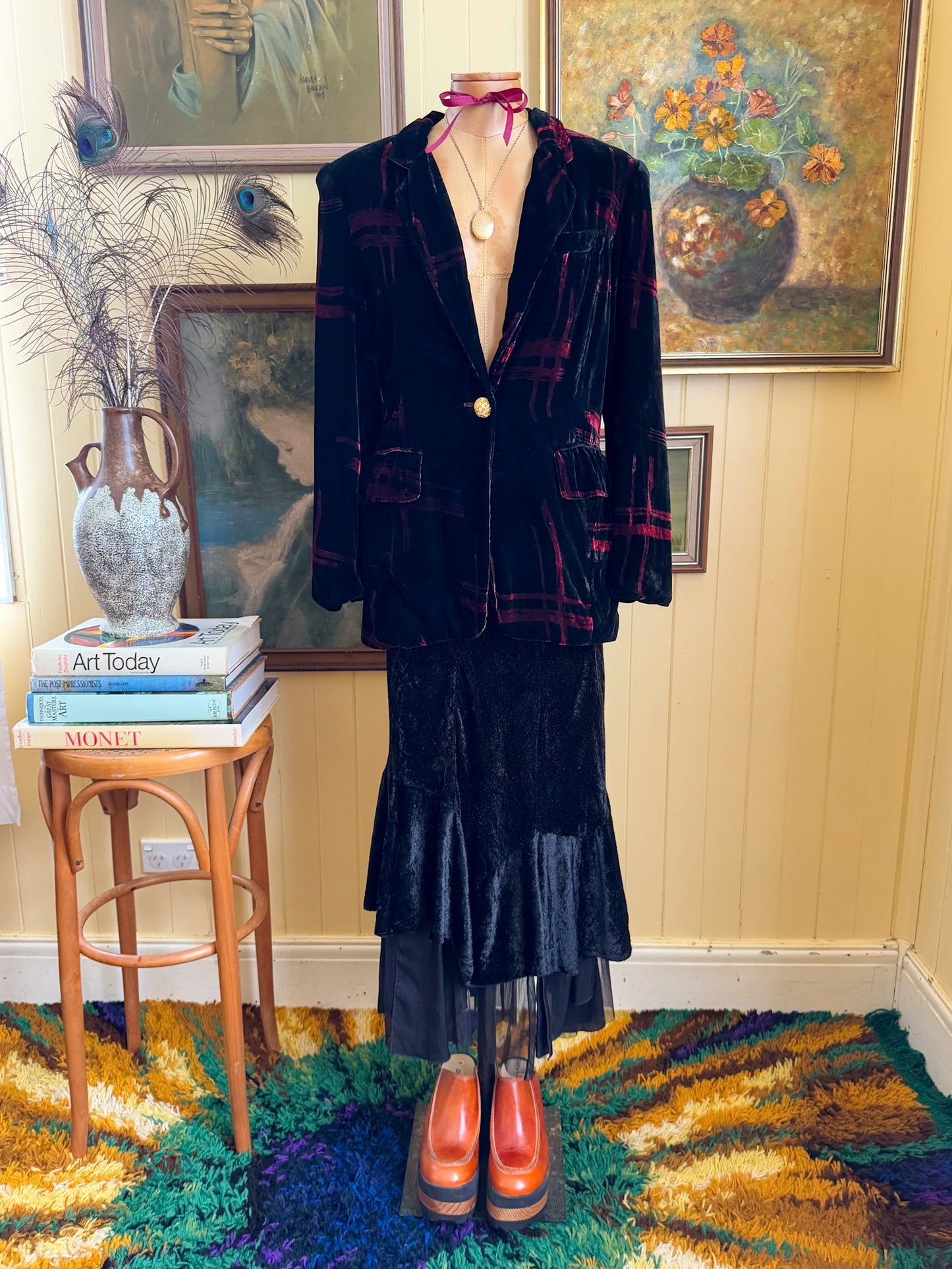 VINTAGE 1990S PEACE ANGEL INDIAN COTTON VELVET HANKY HEM MIDI SKIRT M