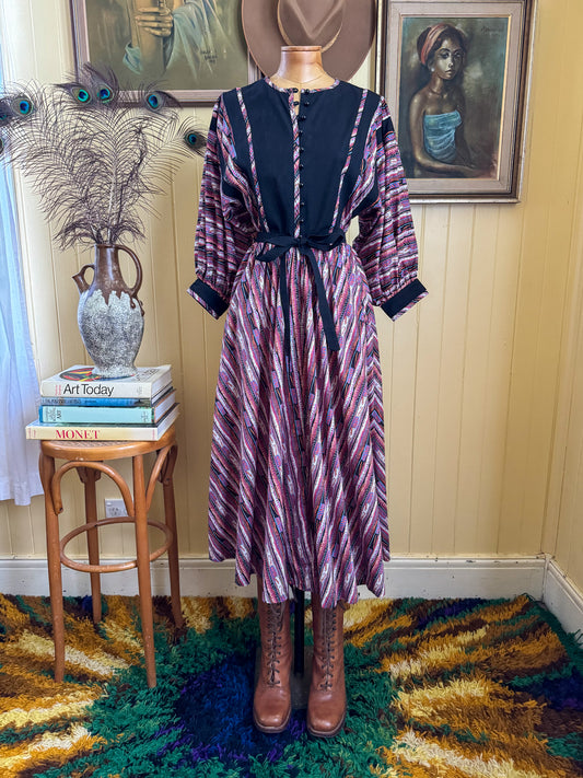 VINTAGE 1970S ORIGIN BY LIBERTY COTTON GEO PRINT BALLOON SLEEVE PRAIRIE DRESS S