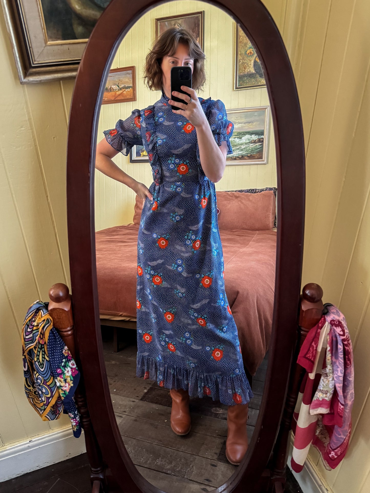 VINTAGE 1970S RICKI REED FLORAL PRINT COTTON MAXI PRAIRIE DRESS S/M