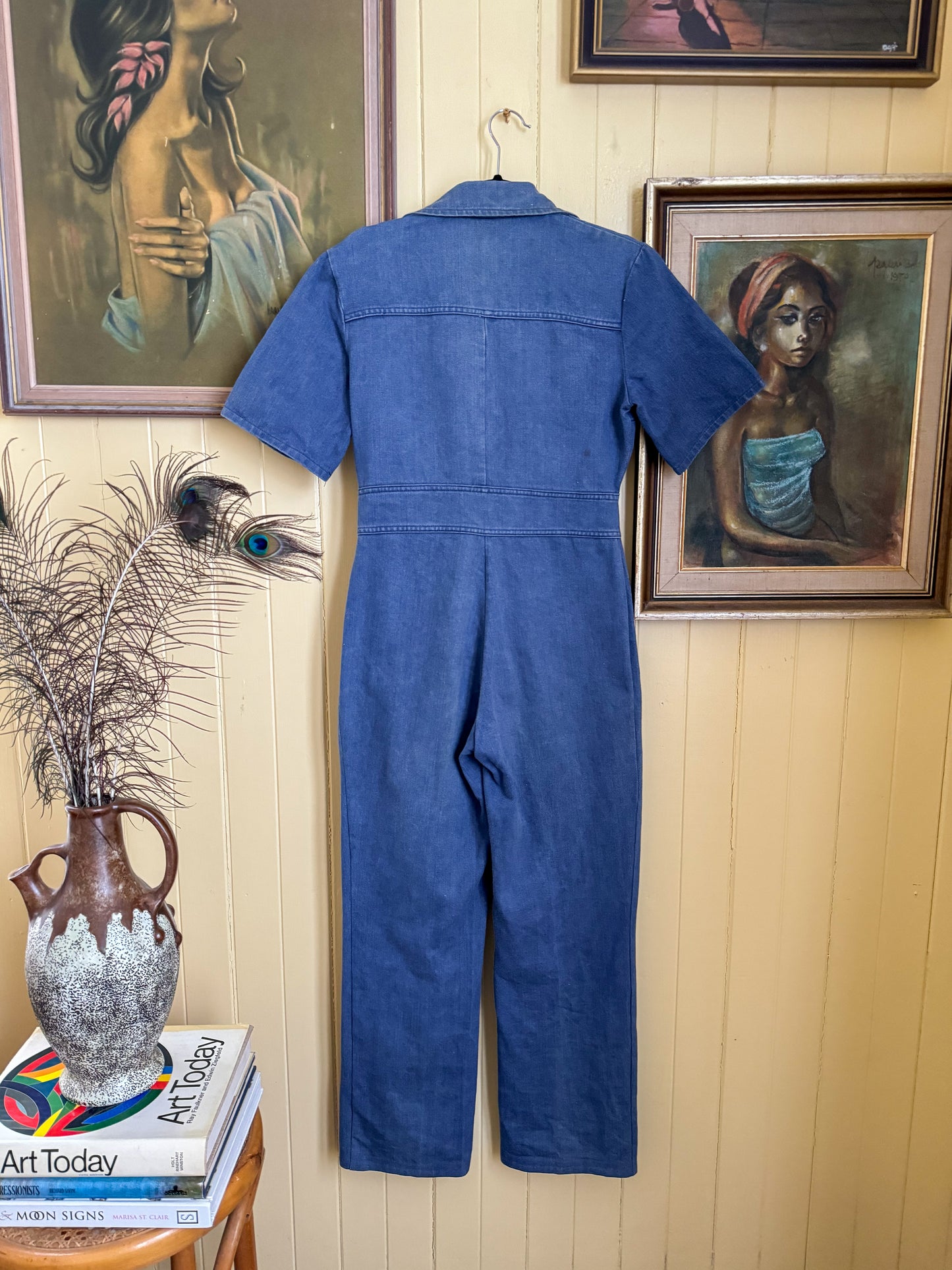 VINTAGE 1970S CLOUDS COTTON DENIM WIDE LEG JUMPSUIT XS/S