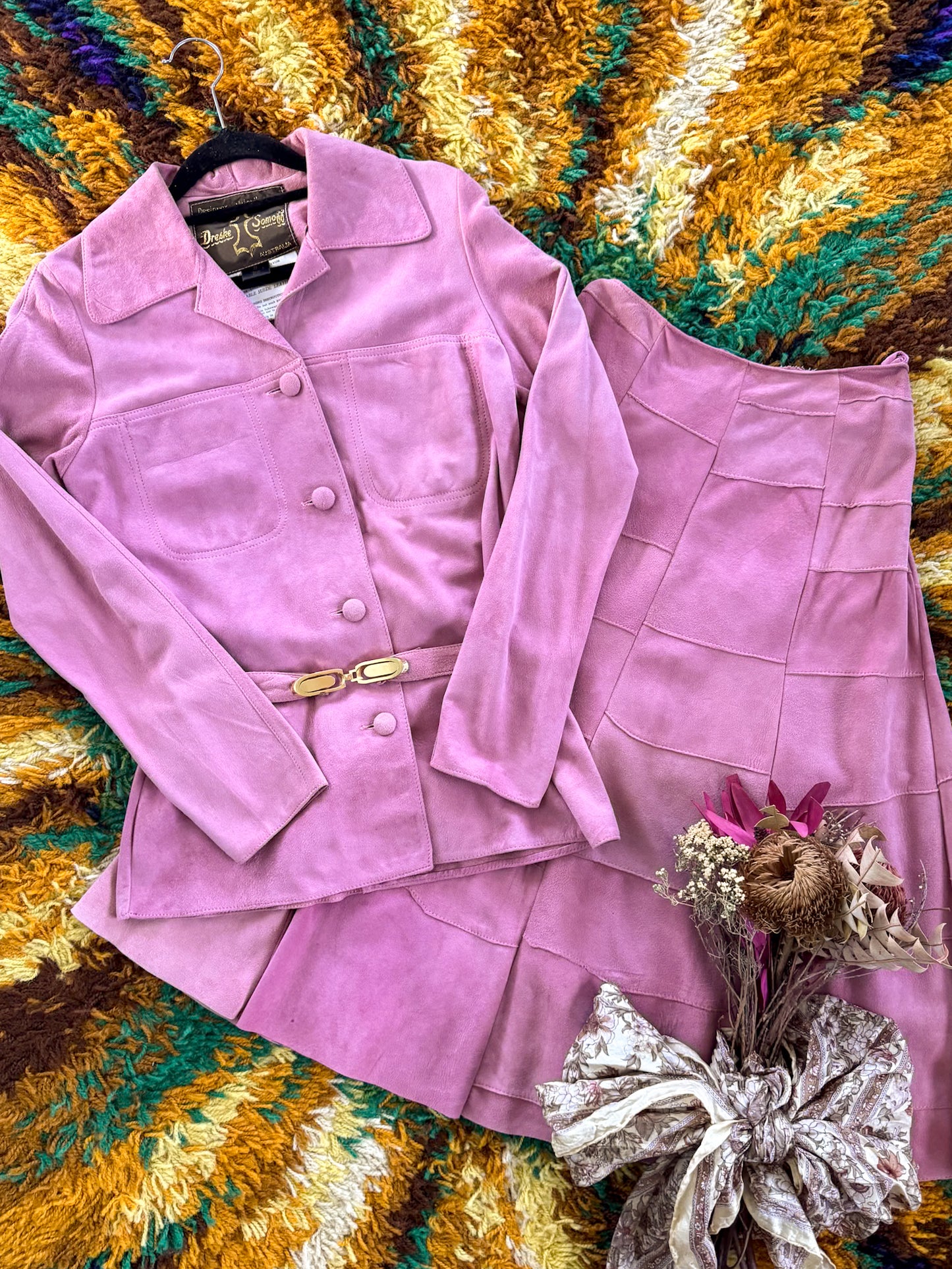 VINTAGE 1970S DRESKE SOMOFF PINK PATCHWORK SUEDE JACKET AND MIDI SKIRT SET XS