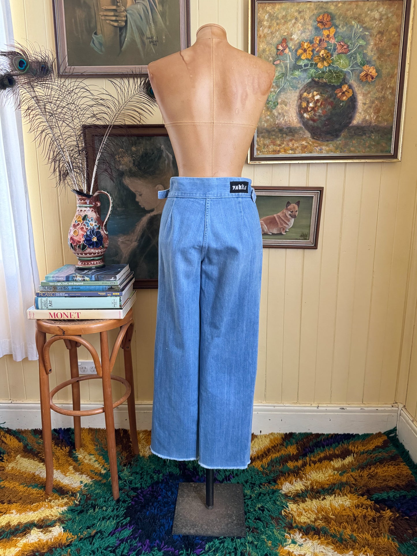 VINTAGE 1970S HARD YAKKA HIGH WAIST BUCKLE TAPERED LEG DENIM JEANS S
