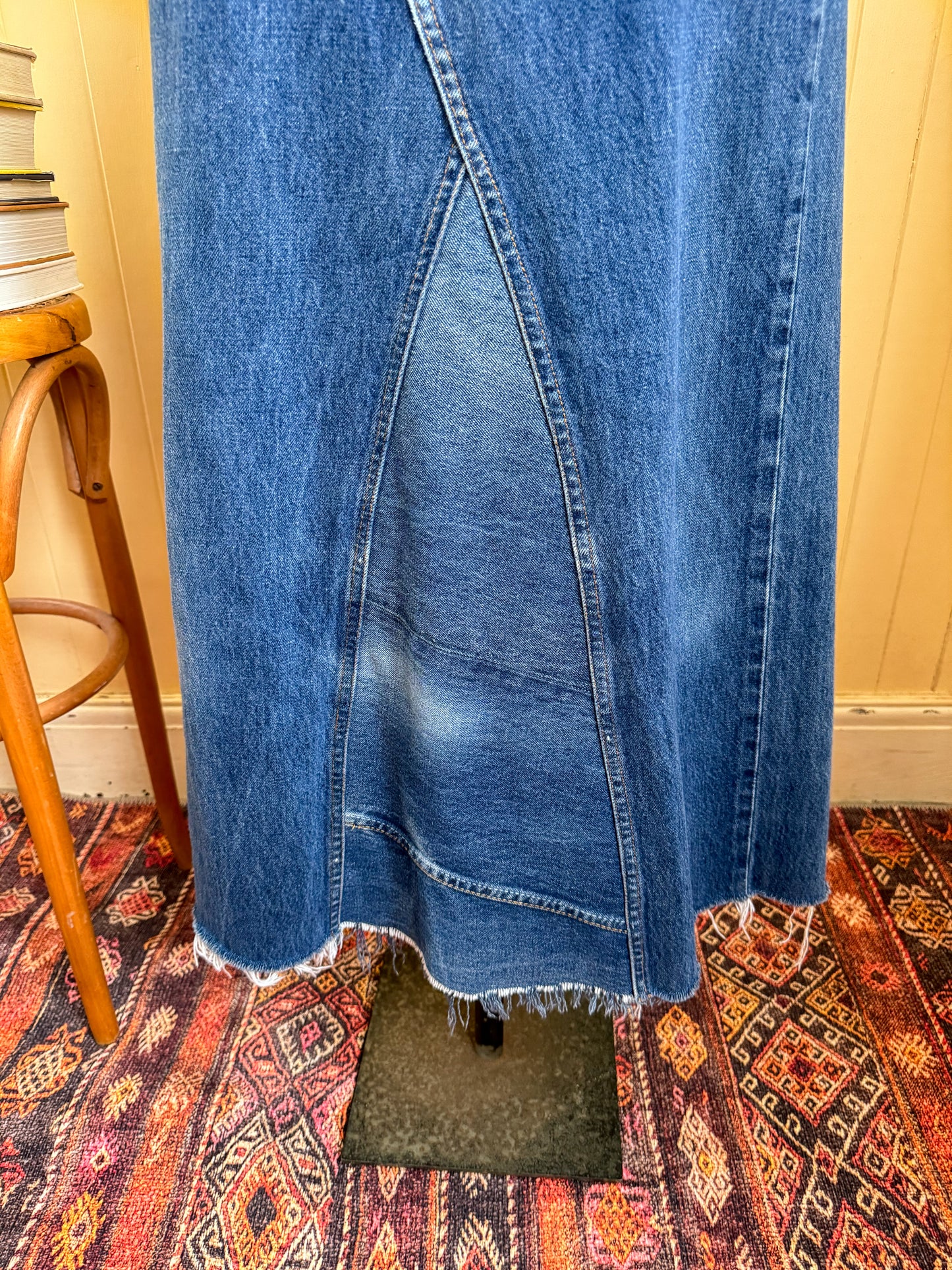 VINTAGE REWORKED LEVI’S COTTON DENIM PANELLED MIDI SKIRT S/M