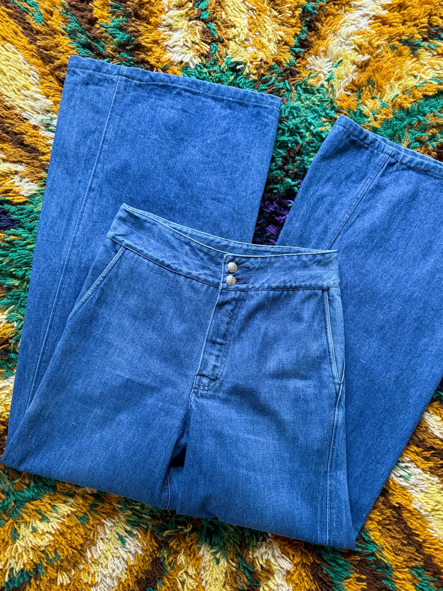 VINTAGE 1970S STAGGERS WIDE LEG SUPER FLARE BELLBOTTOM HIGH WAIST DENIM JEANS M/L