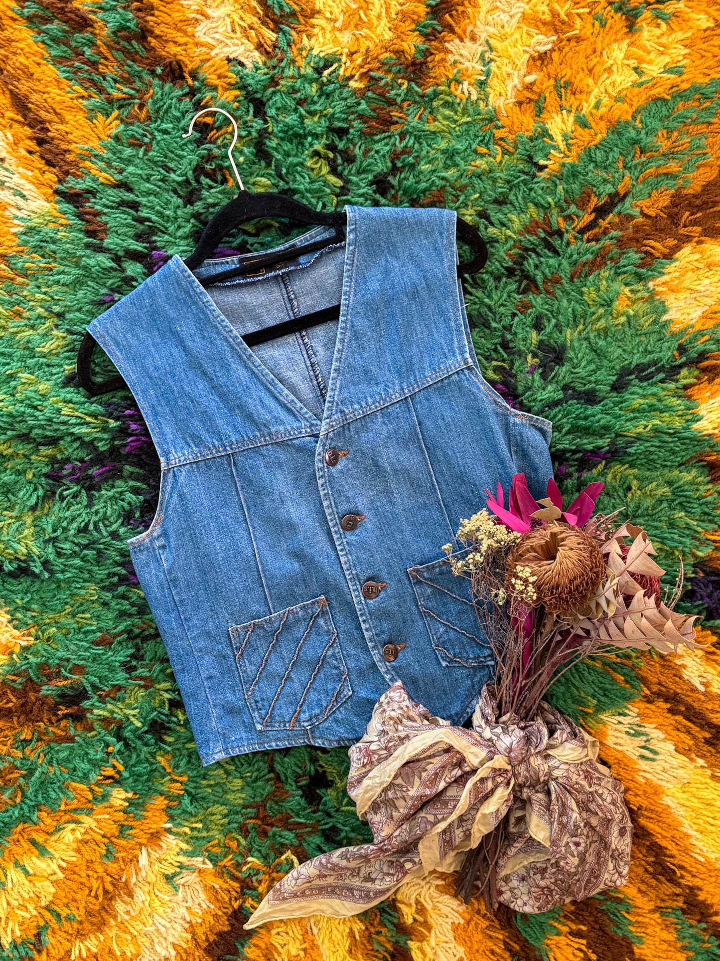 VINTAGE 1970S H.I.S. COTTON DENIM POCKET WAISTCOAT VEST S/M