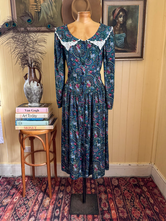 VINTAGE 1980S GUNNE SAX RAYON FLORAL PRINT LACE COLLAR MIDI PRAIRIE DRESS M