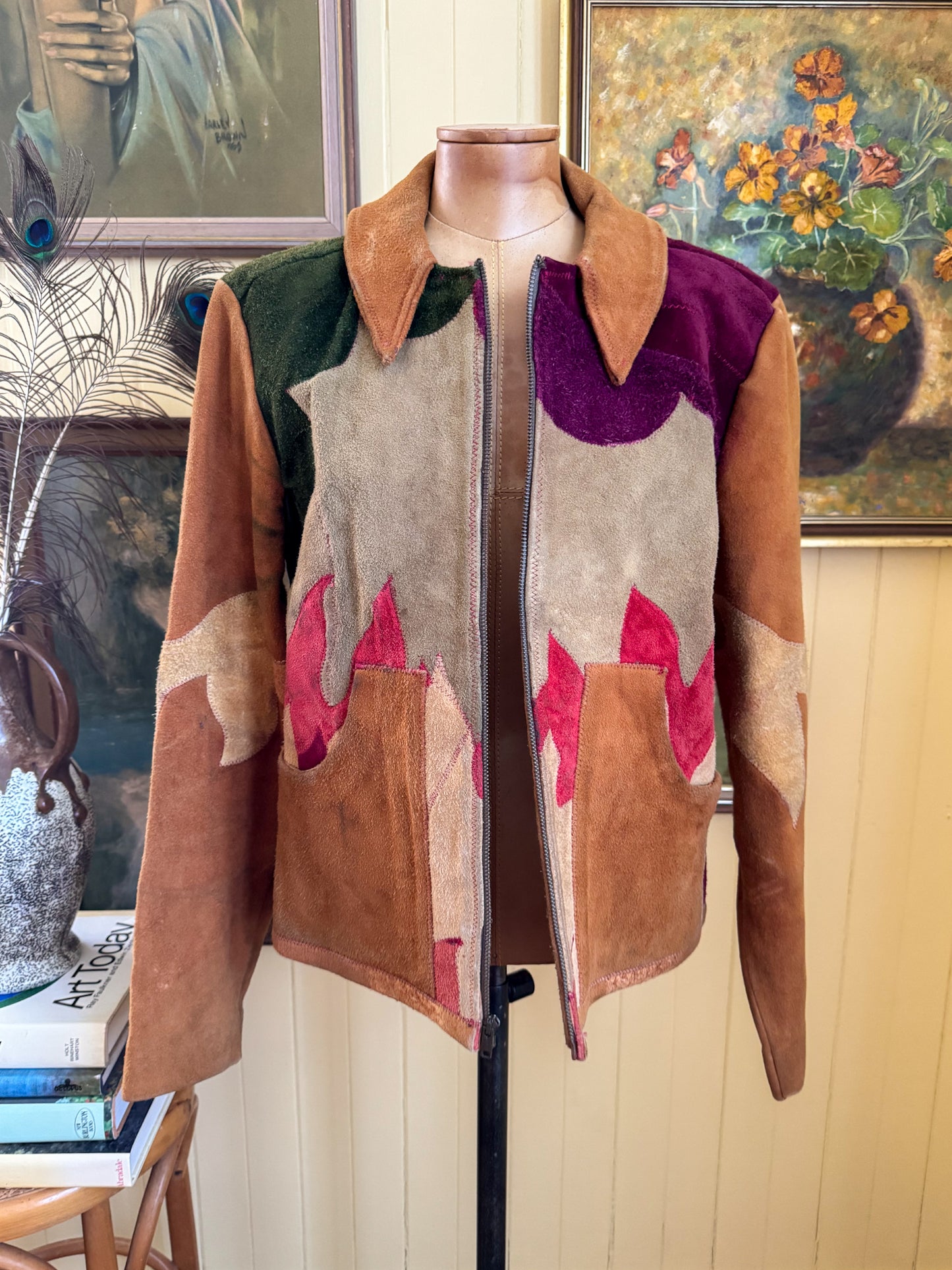 VINTAGE 1970S RARE BURRAY OLSON HAND PAINTED SUN PATCHWORK SUEDE LEATHER JACKET M