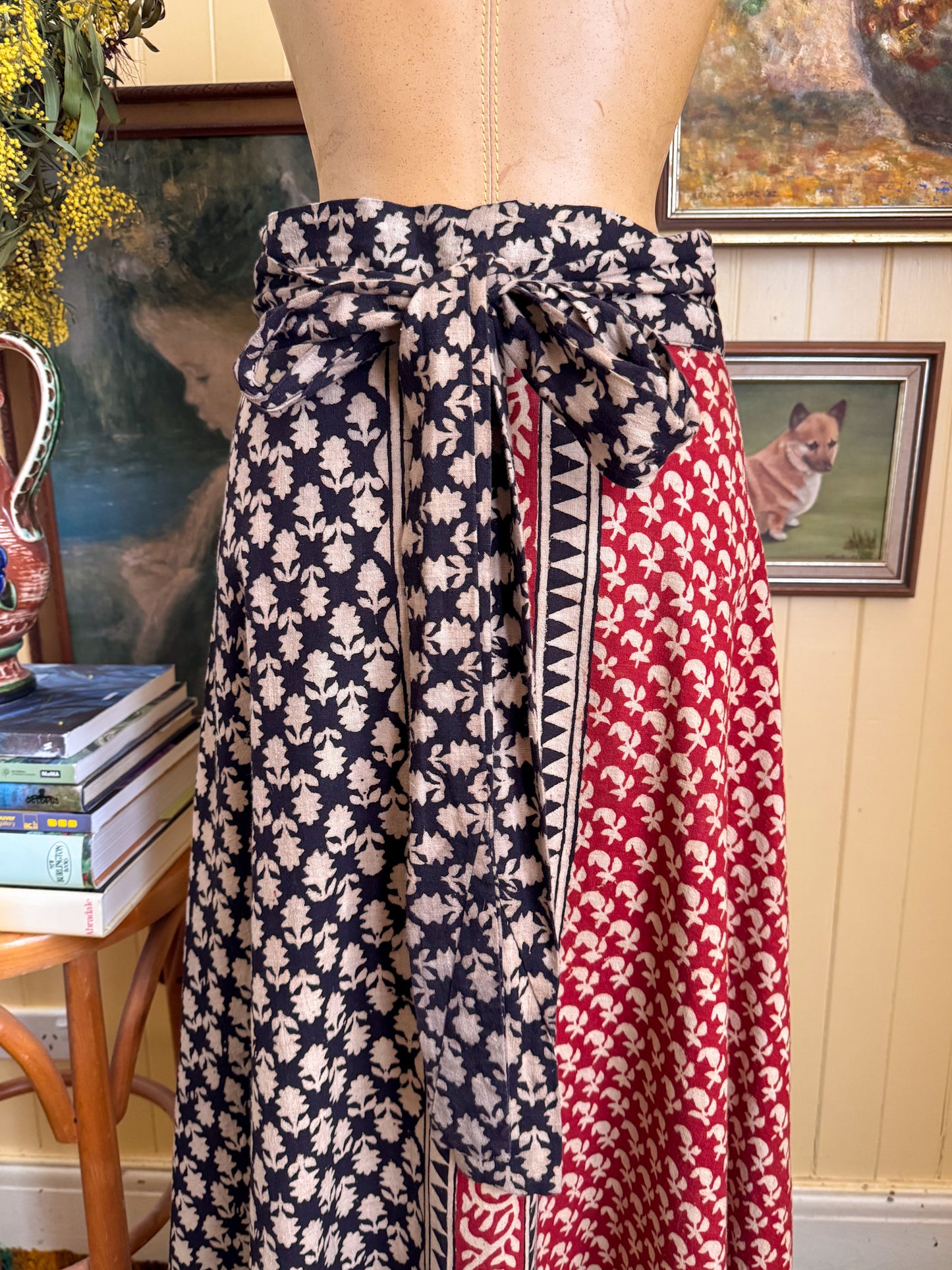 VINTAGE 1970S IVI INDIAN COTTON BLOCK PRINT WRAP MAXI SKIRT M