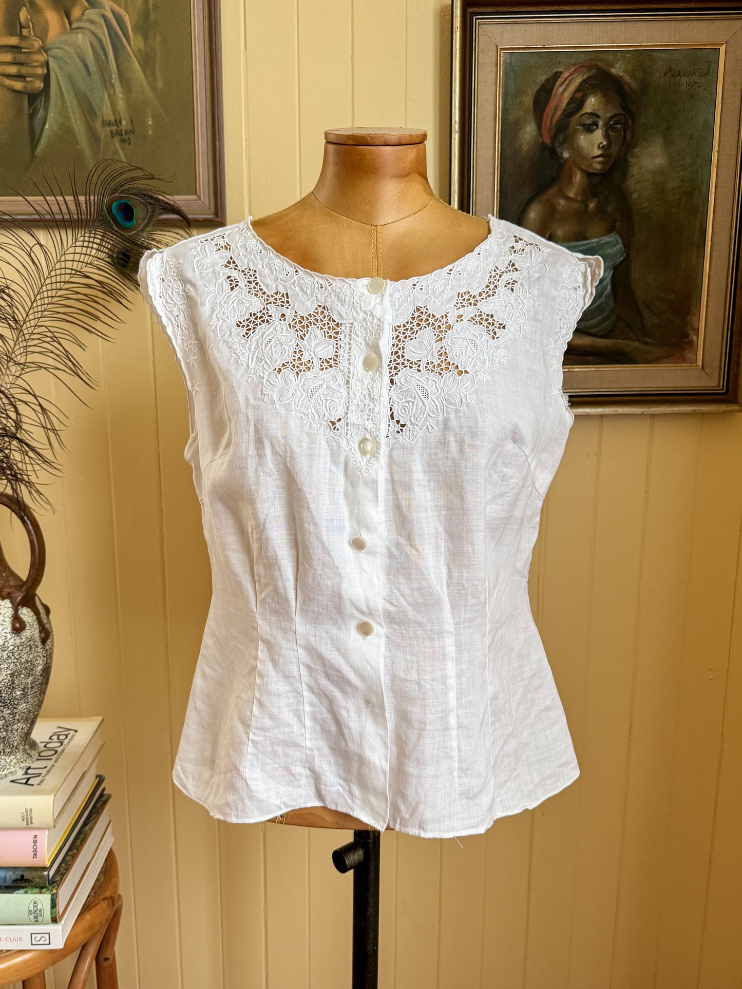 VINTAGE 1980S LINEN EMBROIDERED BUTTON THROUGH BLOUSE S