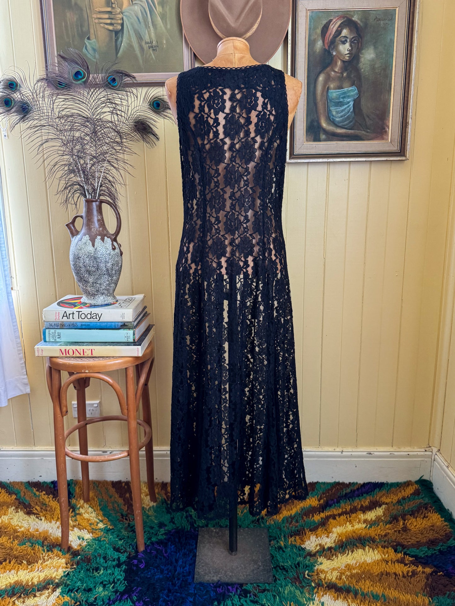 VINTAGE 1990S BLACK LACE SLEEVELESS MAXI DUSTER DRESS XS/S