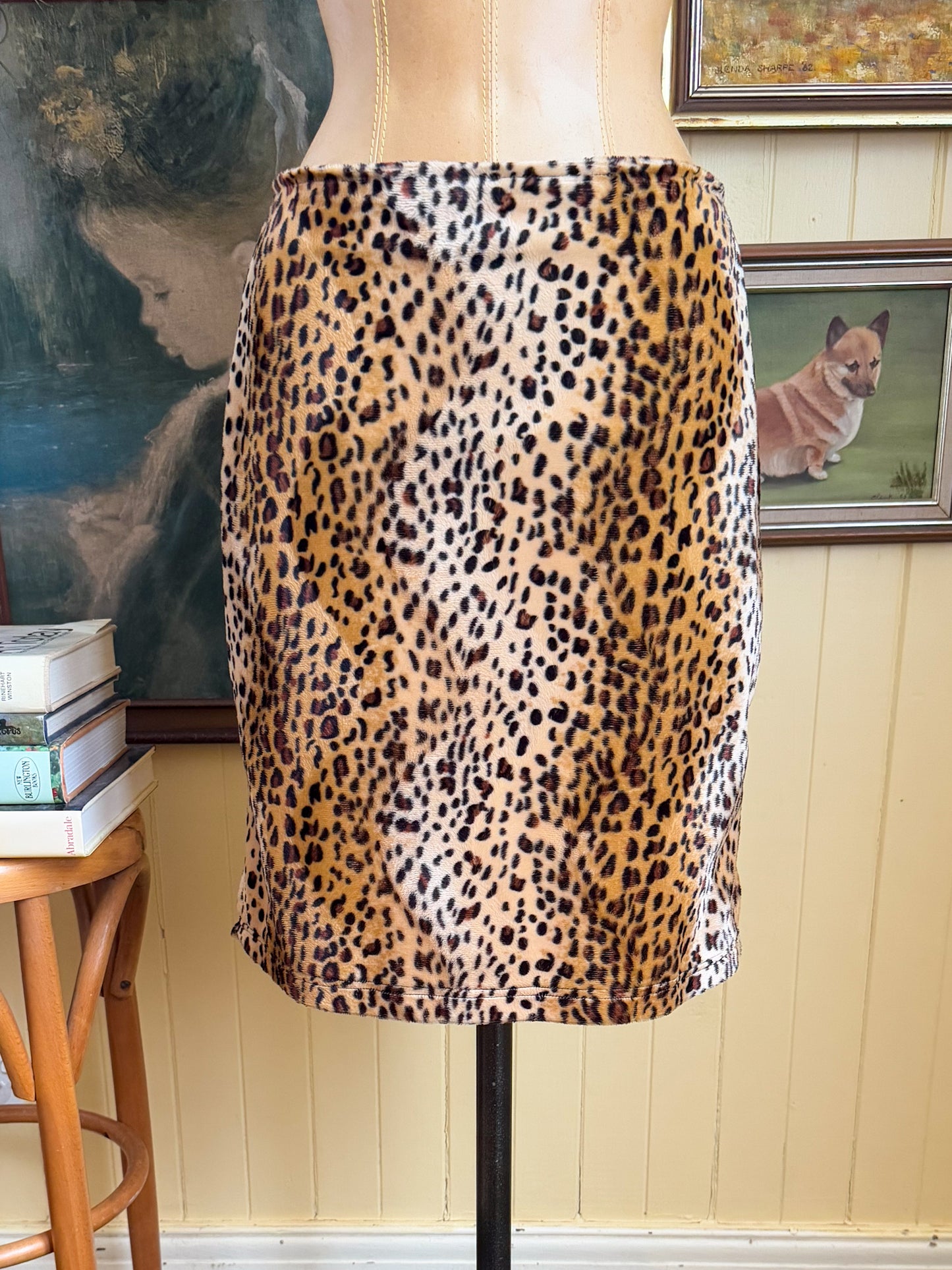 VINTAGE 1990S PAISLEY PARK LEOPARD FAUX FUR LEOPARD FITTED SKIRT M