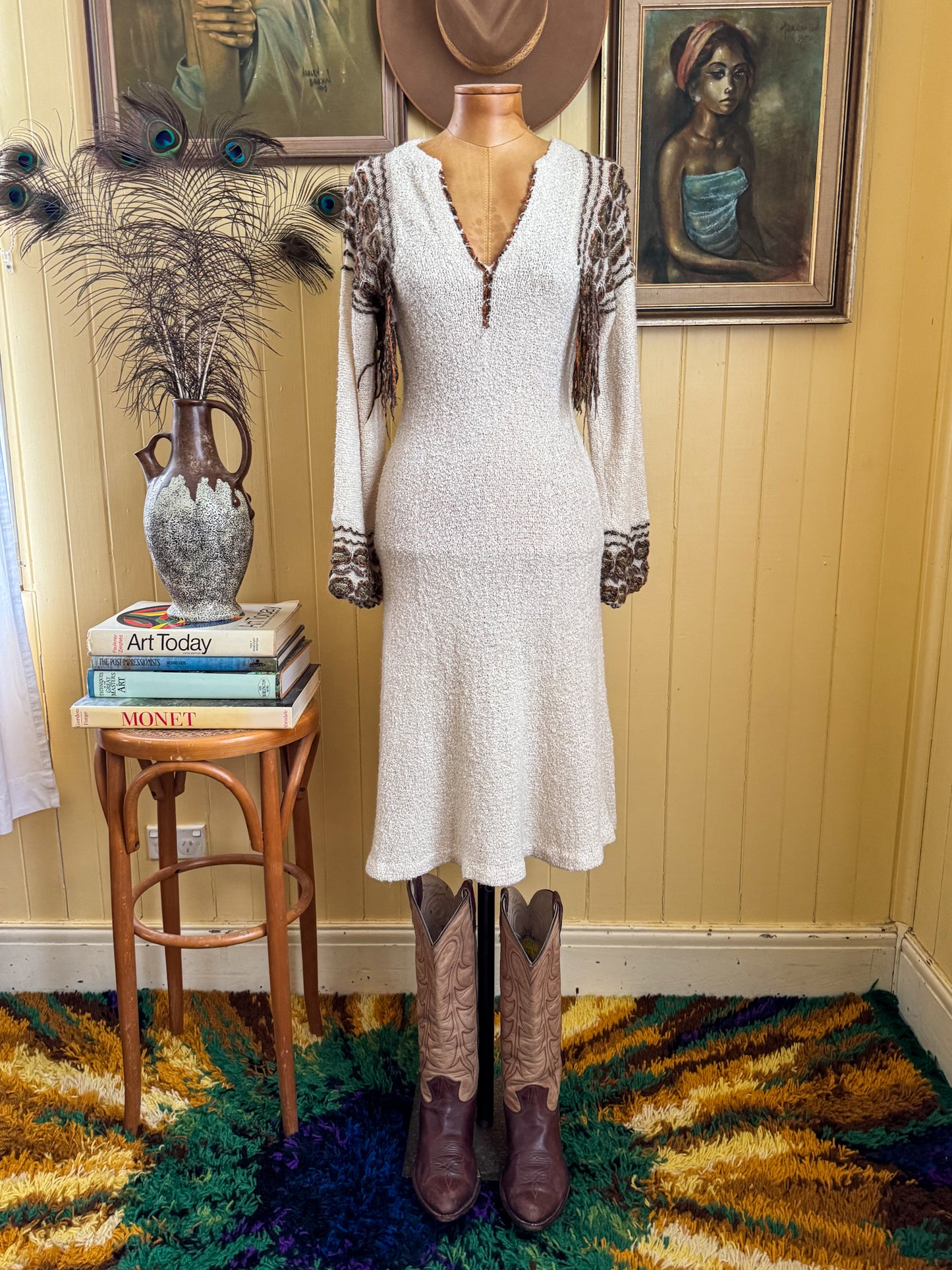 VINTAGE 1980S CROCHETTA OPEN WEAVE BOUCLE FRINGE KNIT MIDI DRESS S