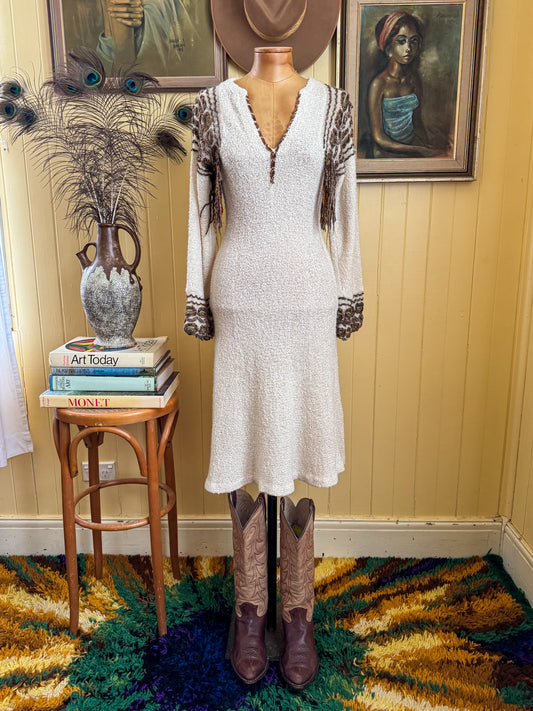 VINTAGE 1980S CROCHETTA OPEN WEAVE BOUCLE FRINGE KNIT MIDI DRESS S