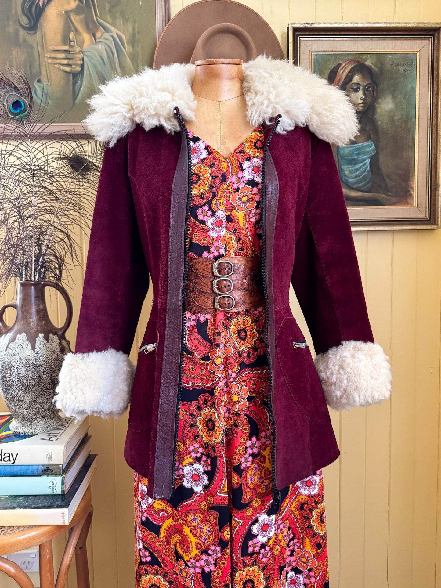 VINTAGE 1970S PLUM SUEDE LEATHER FLUFFY SHEARLING PENNY LANE JACKET S/M