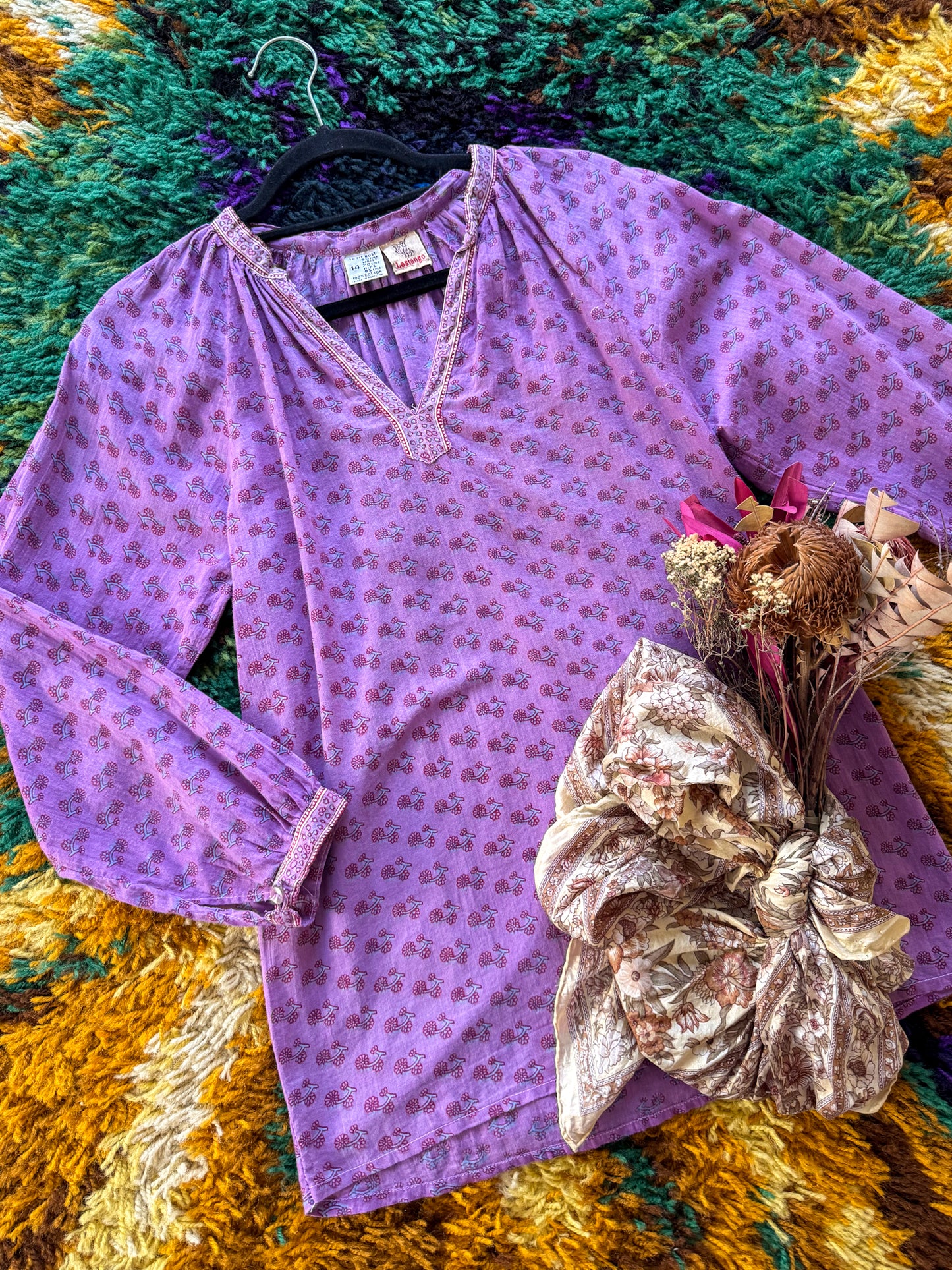 VINTAGE 1970S LASTANGO PAKISTANI COTTON GAUZE BLOCK PRINT BLOUSE S/M