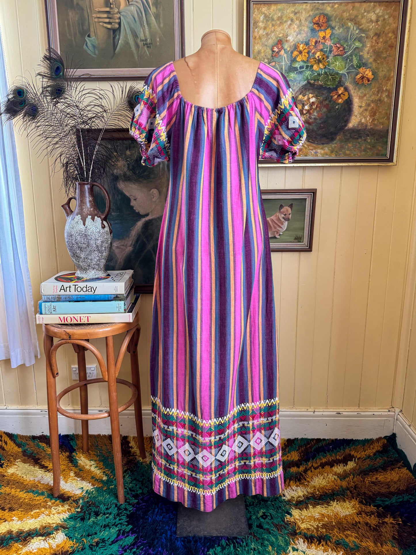 VINTAGE COTTON HANDWOVEN GUATEMALAN STRIPED EMBROIDERED MAXI DRESS M