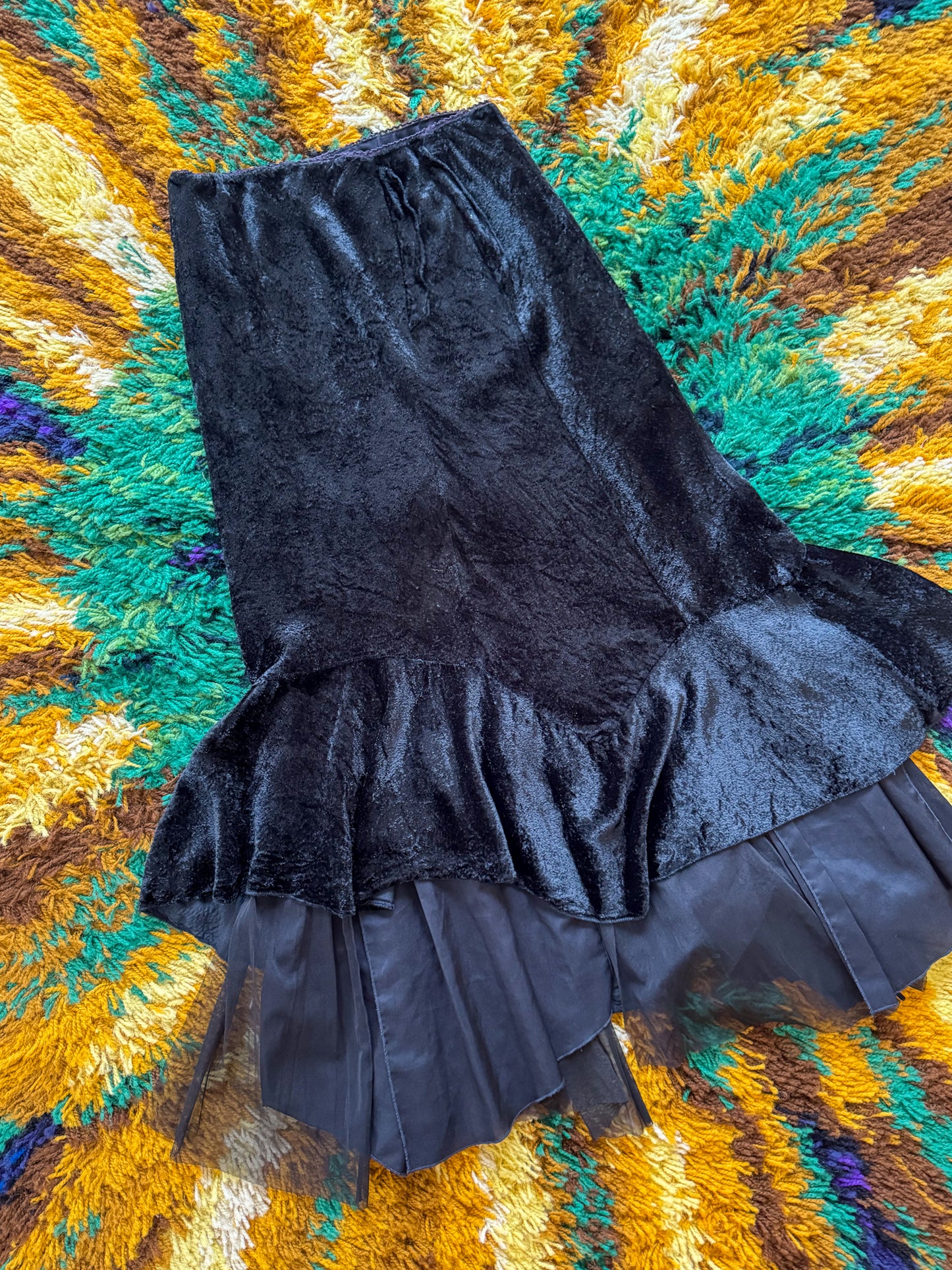 VINTAGE 1990S PEACE ANGEL INDIAN COTTON VELVET HANKY HEM MIDI SKIRT M