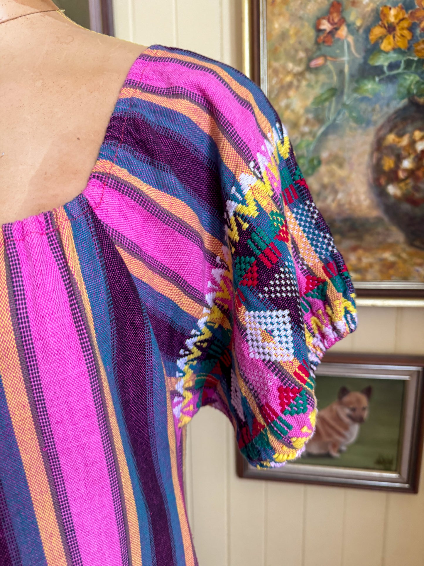 VINTAGE COTTON HANDWOVEN GUATEMALAN STRIPED EMBROIDERED MAXI DRESS M