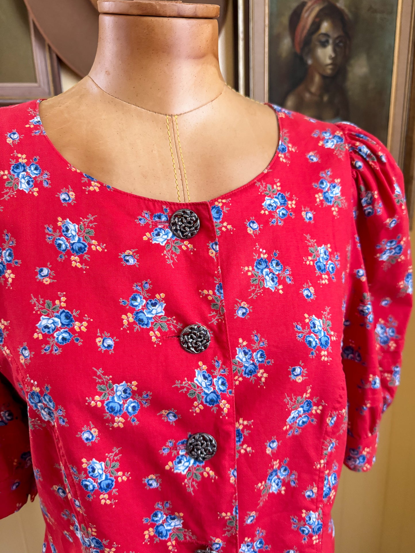 VINTAGE 1980S AUSTRIAN PFISTER COTTON FLORAL PRINT BLOUSE S/M