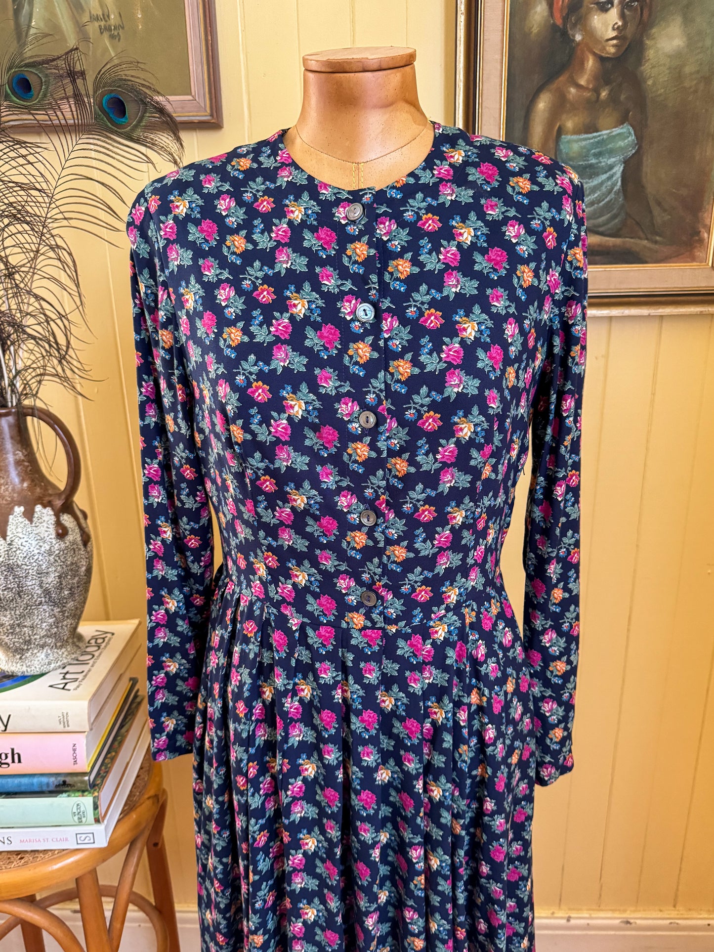 VINTAGE 1990S LAURA ASHLEY VISCOSE BUTTON THROUGH PRAIRIE DRESS S/M