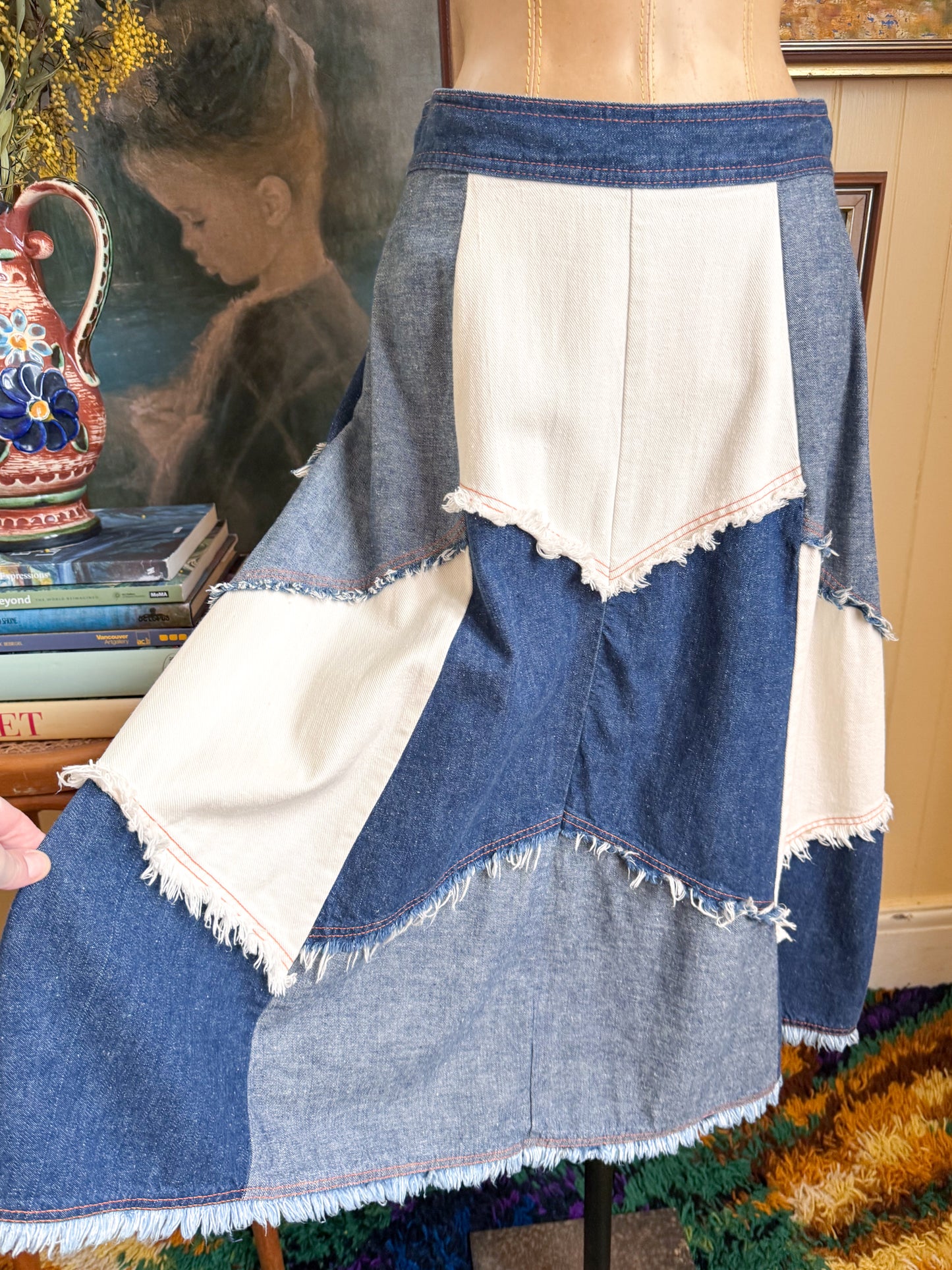 VINTAGE 1970S JC PENNEY COTTON DENIM PATCHWORK A-LINE MIDI SKIRT M
