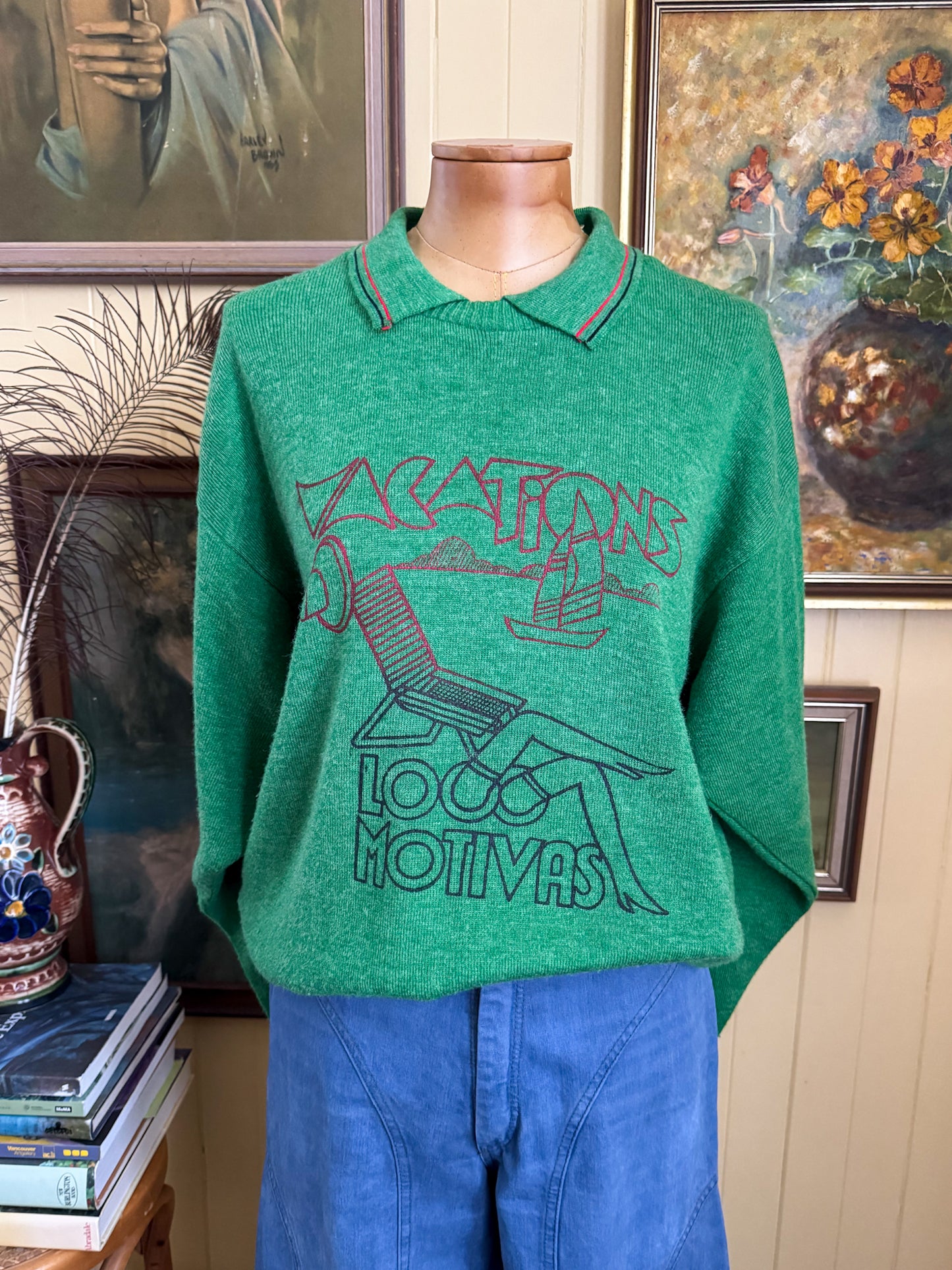 VINTAGE 1970S OSWAL ROSYWOOL SPORTSWEAR ‘VACATION’ PRINT WOOLLEN LONG SLEEVE KNIT JUMPER M
