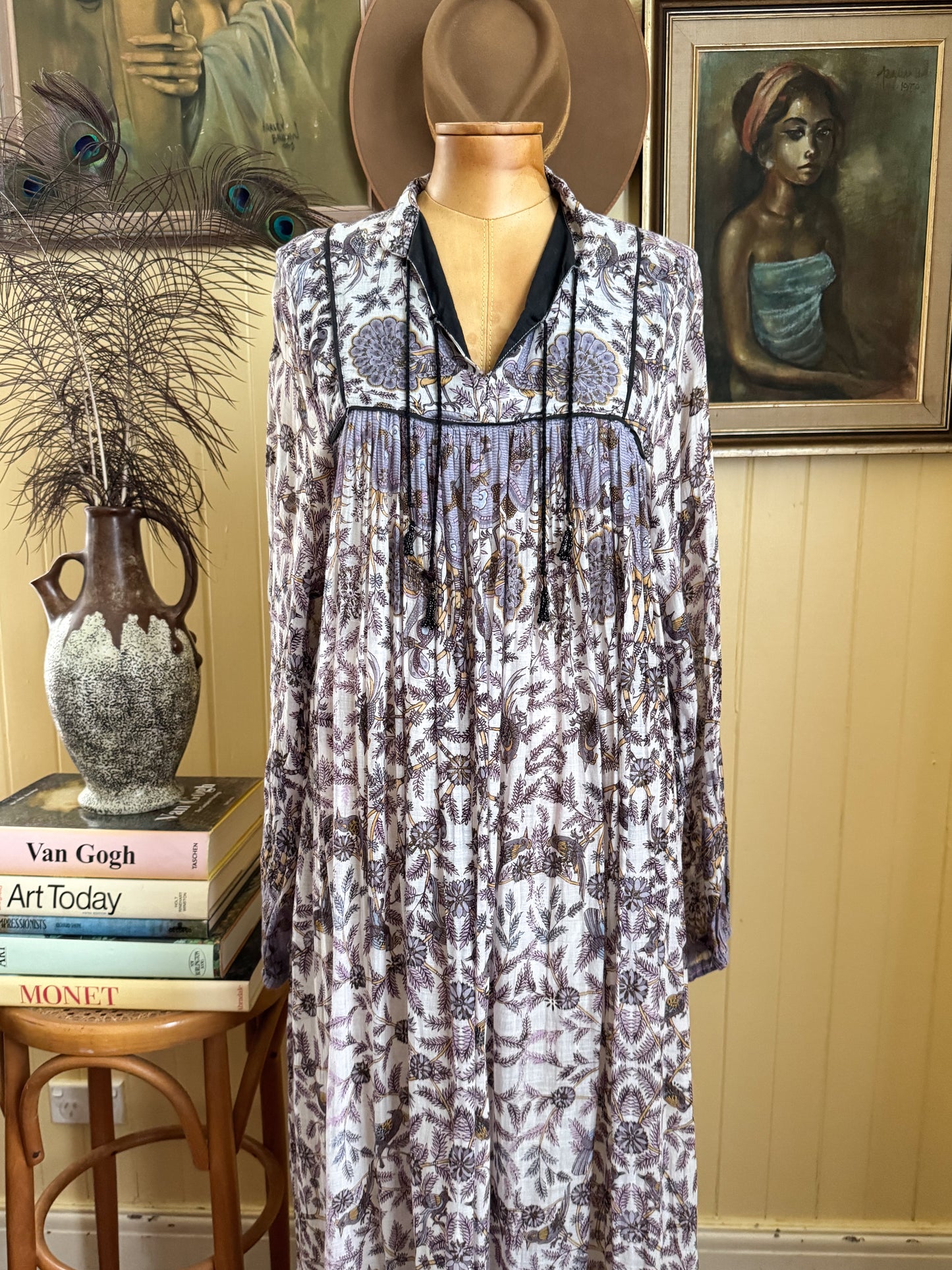 VINTAGE 1970S INDIAN COTTON GAUZE BLOCK PRINT MIDI DRESS S/M