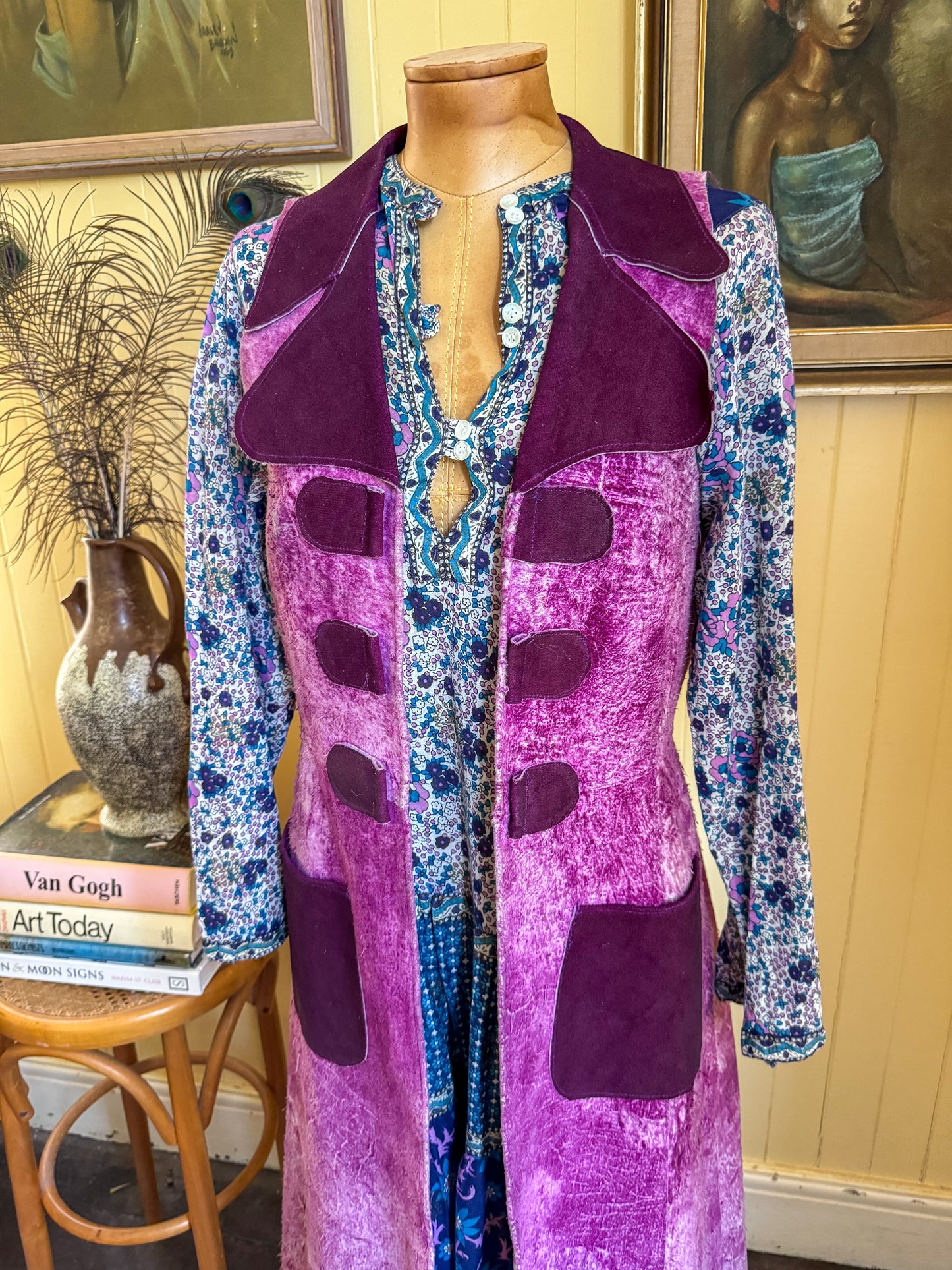 VINTAGE 1970S PURPLE ACID WASH SUEDE LEATHER MAXI WAISTCOAT VEST S