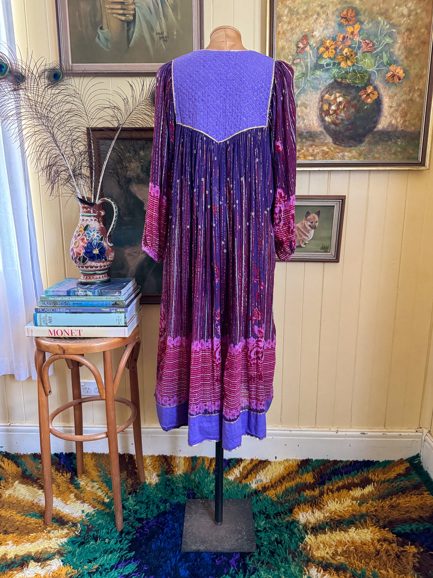 VINTAGE 1970S INDIAN COTTON GAUZE BLOCK PRINT LUREX MIDI DRESS S/M