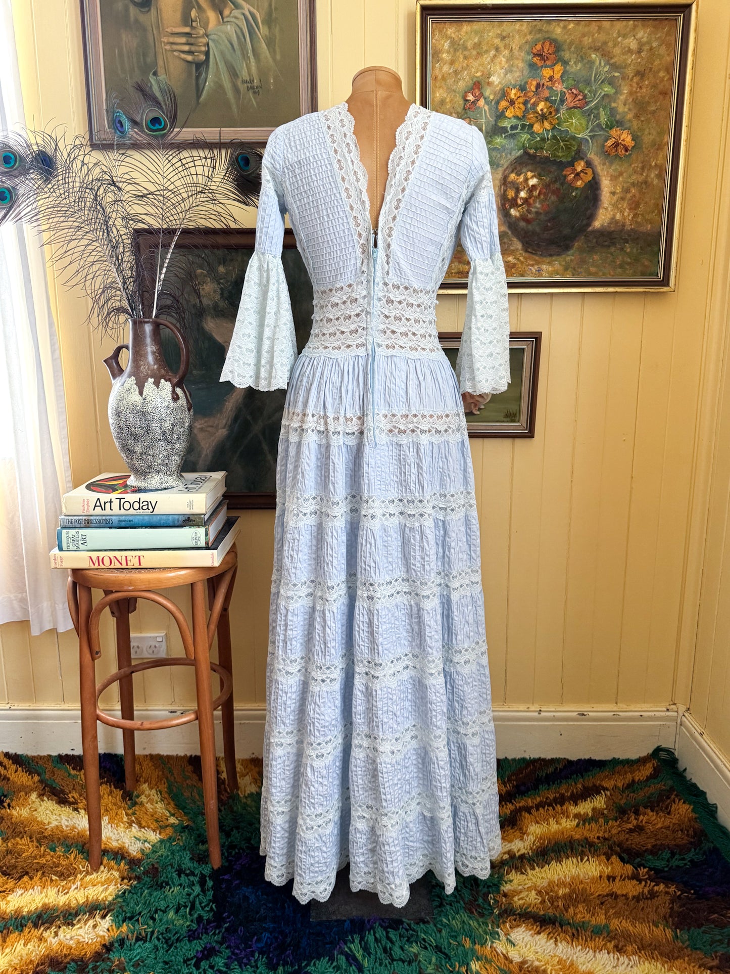 VINTAGE 1970S RODAMEX MEXICAN PURE COTTON BABY BLUE LACE INSERT MAXI DRESS XS/S