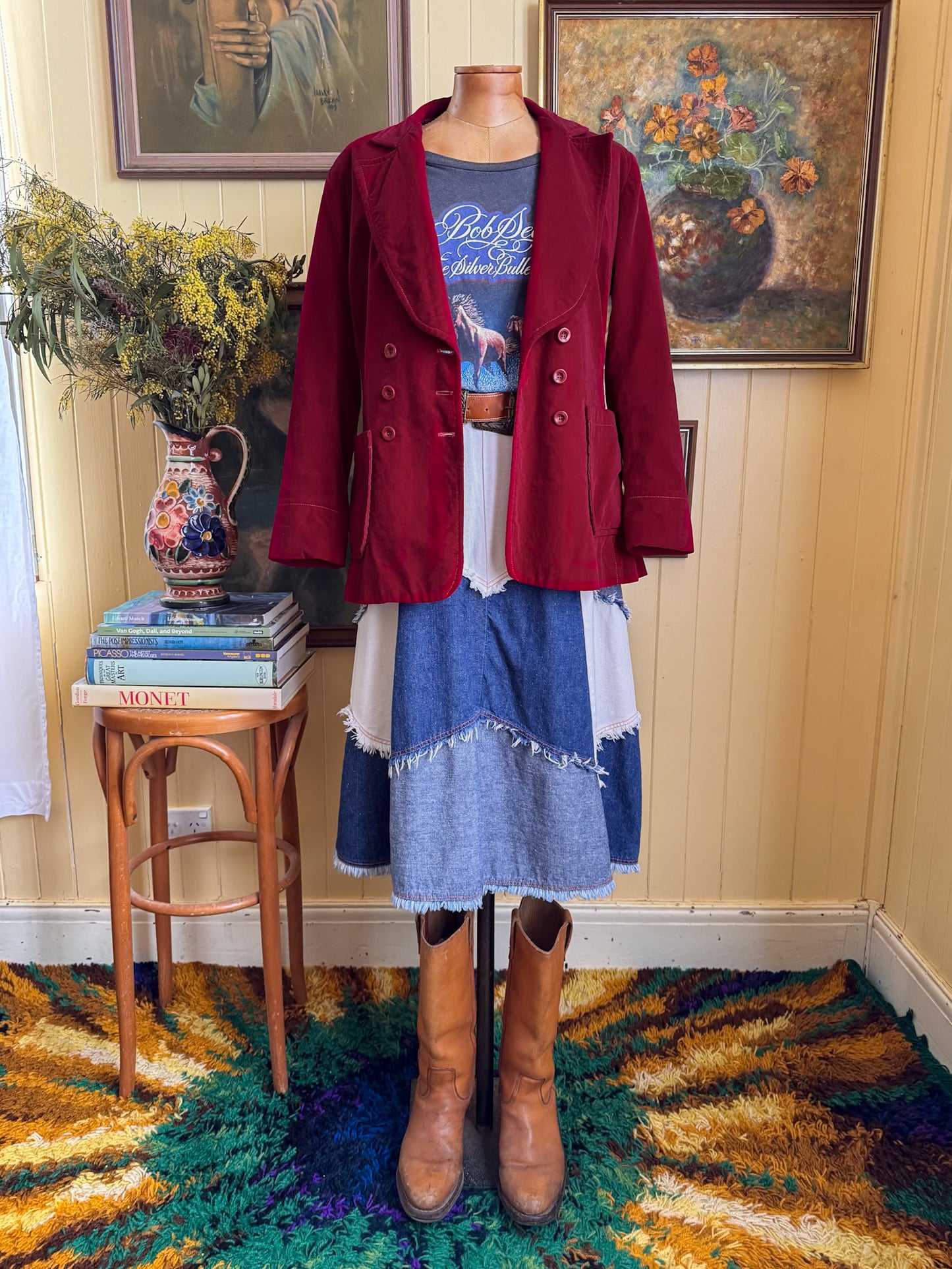 VINTAGE 1970S PEPPERS BURGUNDY VELVET BLAZER JACKET M