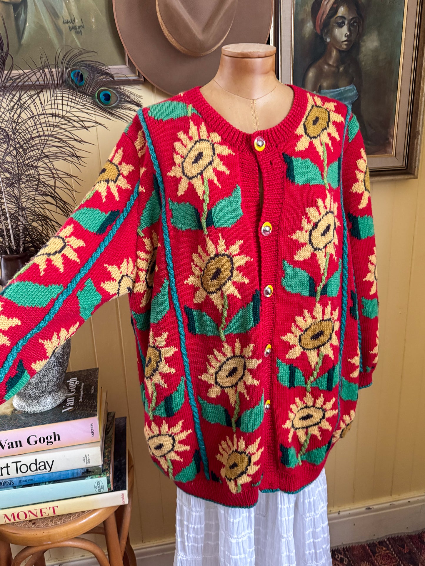 VINTAGE HAND KNITTED ACRYLIC SUNFLOWER MOTIF OVERSIZED CARDIGAN L/XL