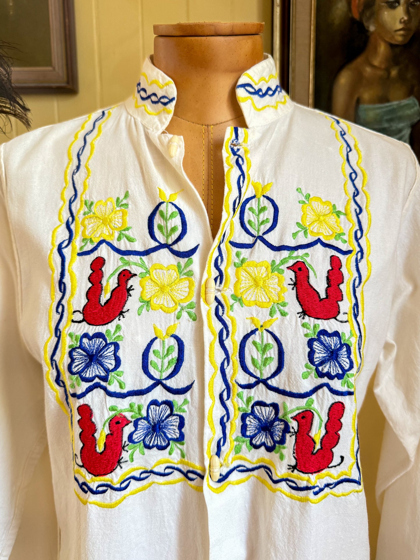 VINTAGE 1970S MEXICAN COTTON EMBROIDERED BUTTON THROUGH SHIRT M