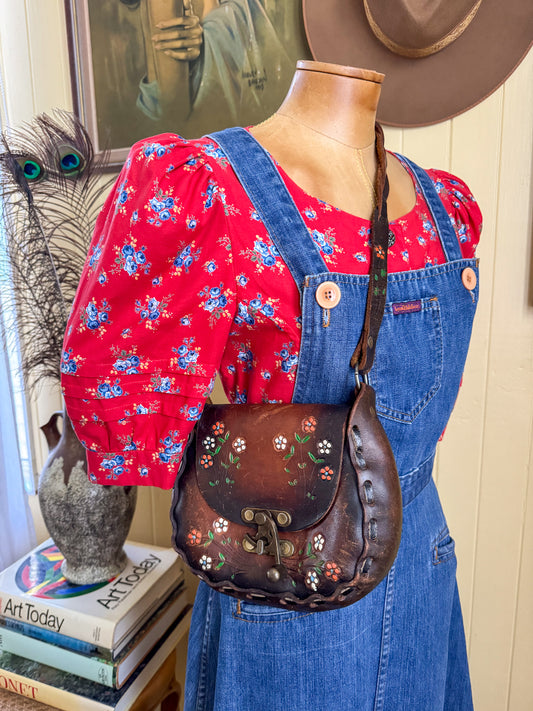 VINTAGE 1970S MEXICAN TOOLED LEATHER HAND PAINTED SHOULDER BAG