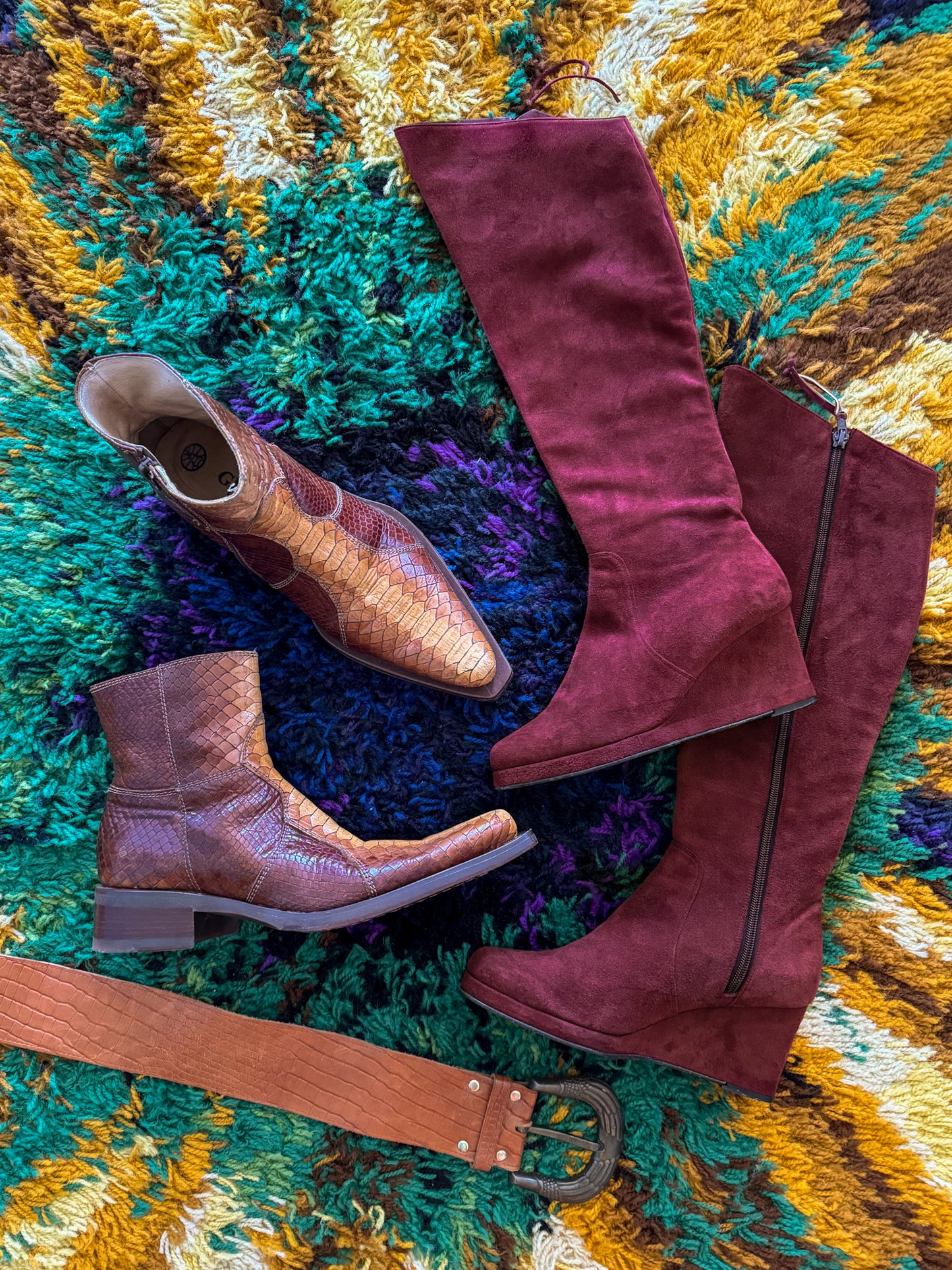 VINTAGE 1990S RARE BIBA PLUM SUEDE LEATHER KNEE HIGH WEDGE BOOTS 37/6