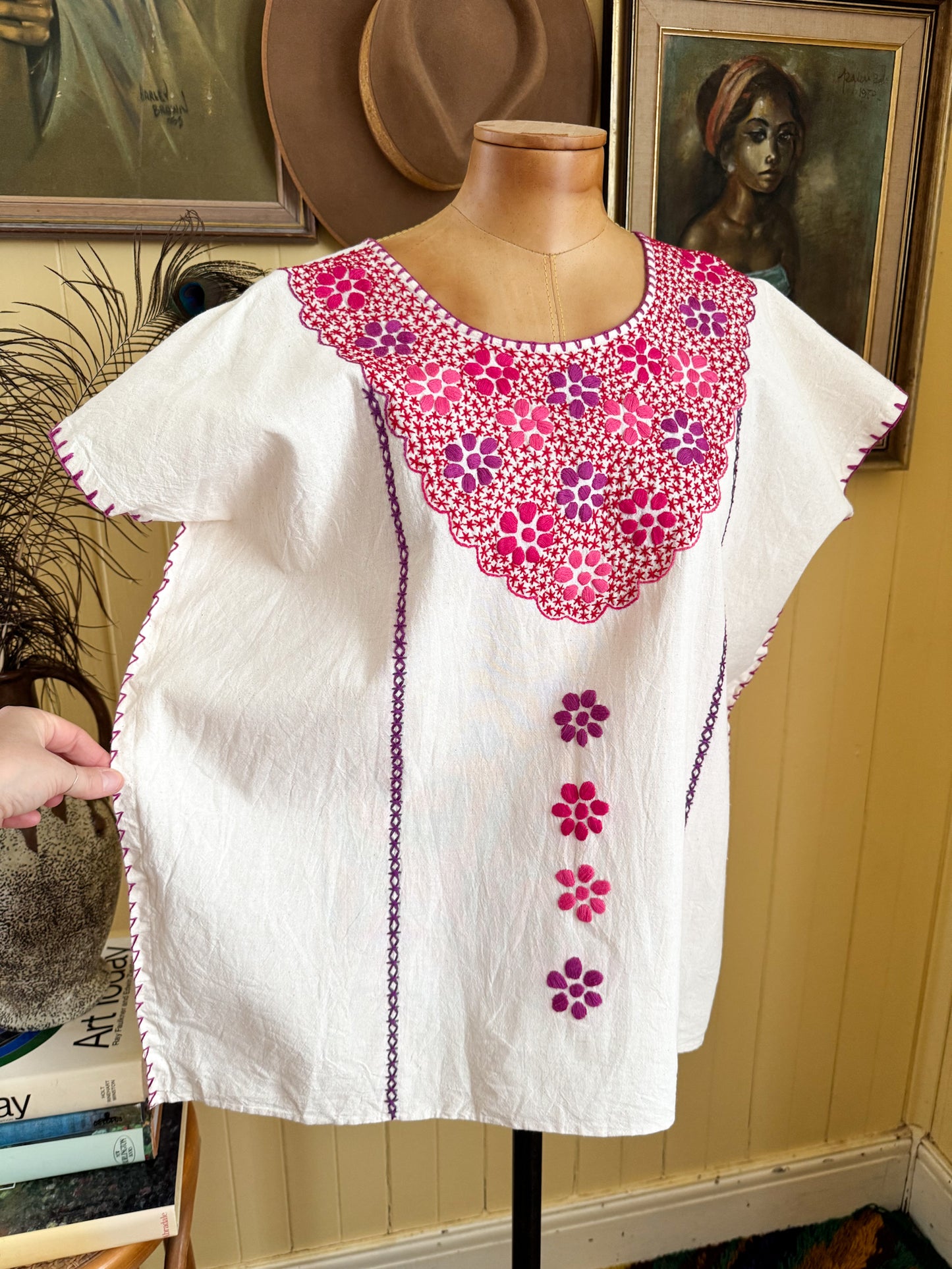 HANDMADE MEXICAN NATURAL COTTON EMBROIDERED HUIPIL TOP L/XL