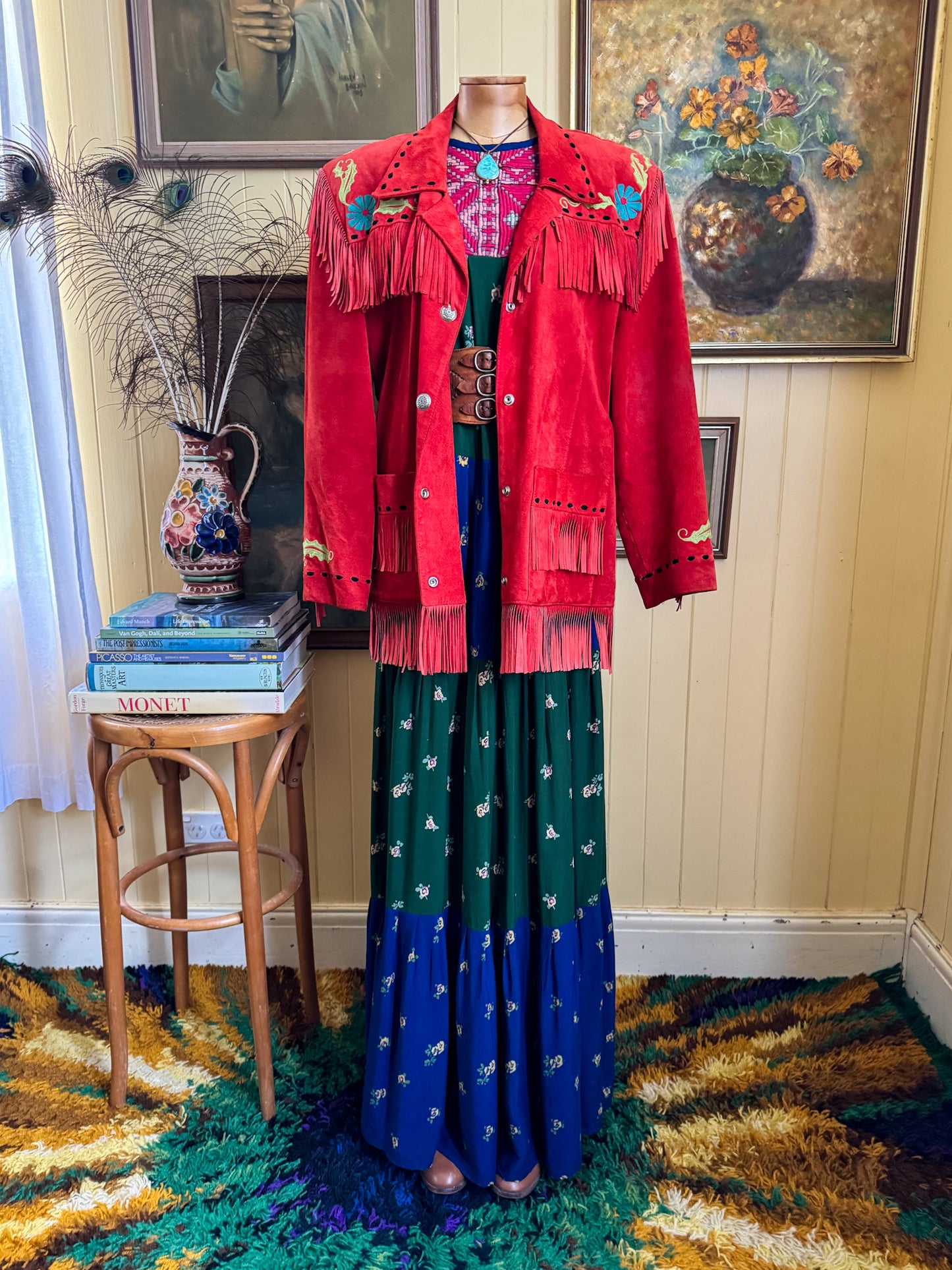 VINTAGE RARE CHAR SANTA FE RED SUEDE FRINGED EMBROIDERED WESTERN JACKET M