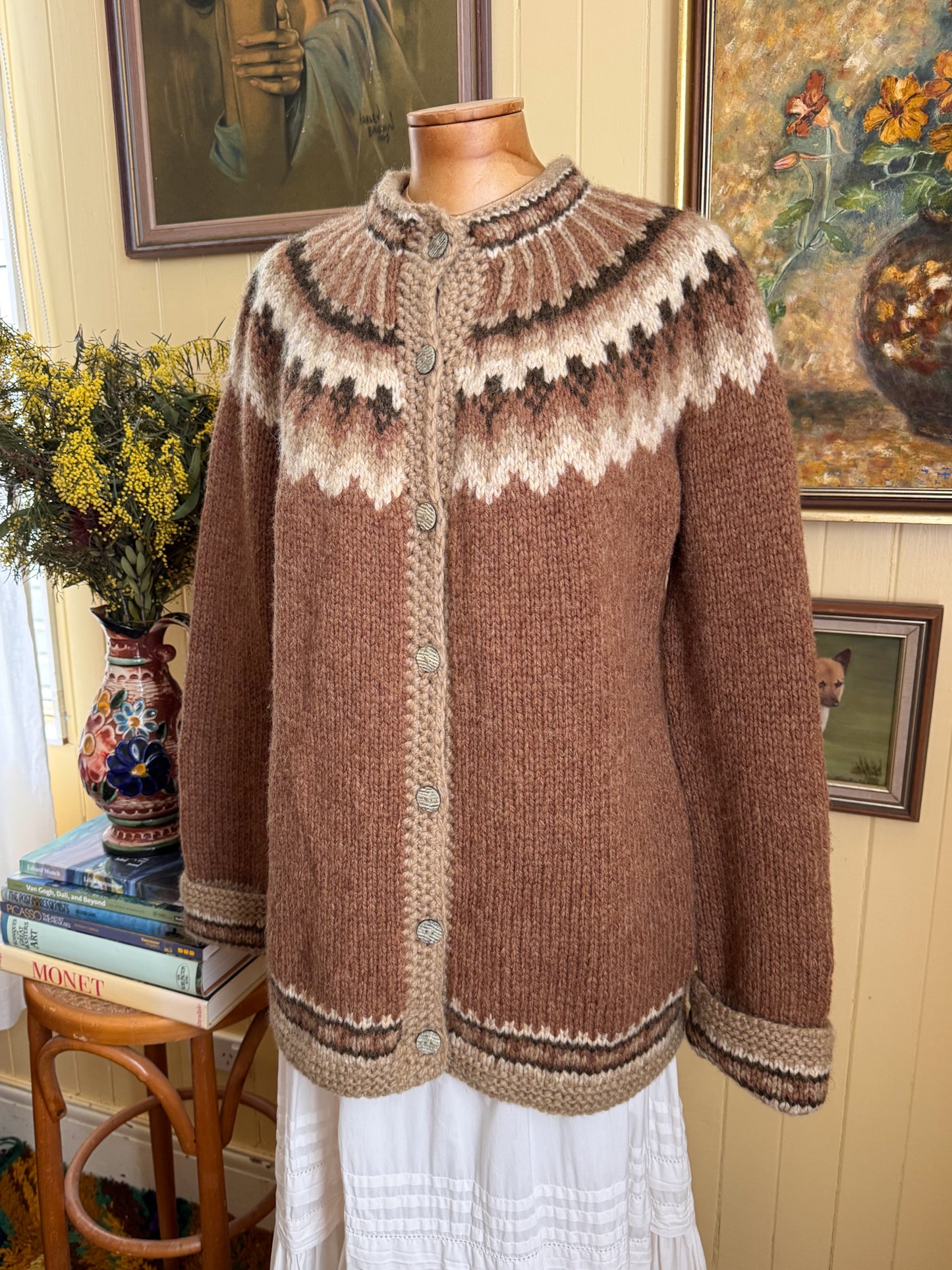 VINTAGE SCOTTISH NORSAGA PURE NEW WOOL FAIRISLE HAND KNIT CARDIGAN JUMPER M