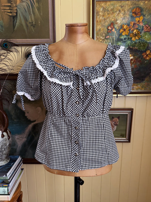 VINTAGE 1990S GERMAN BRANDL TRACHT COTTON BLEND GINGHAM RUFFLED DIRNDL BLOUSE M