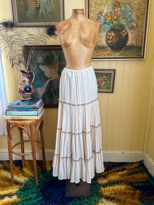VINTAGE 1970S SERBIAN CHEESECLOTH COTTON HESSIAN TRIM TIERED MAXI SKIRT L