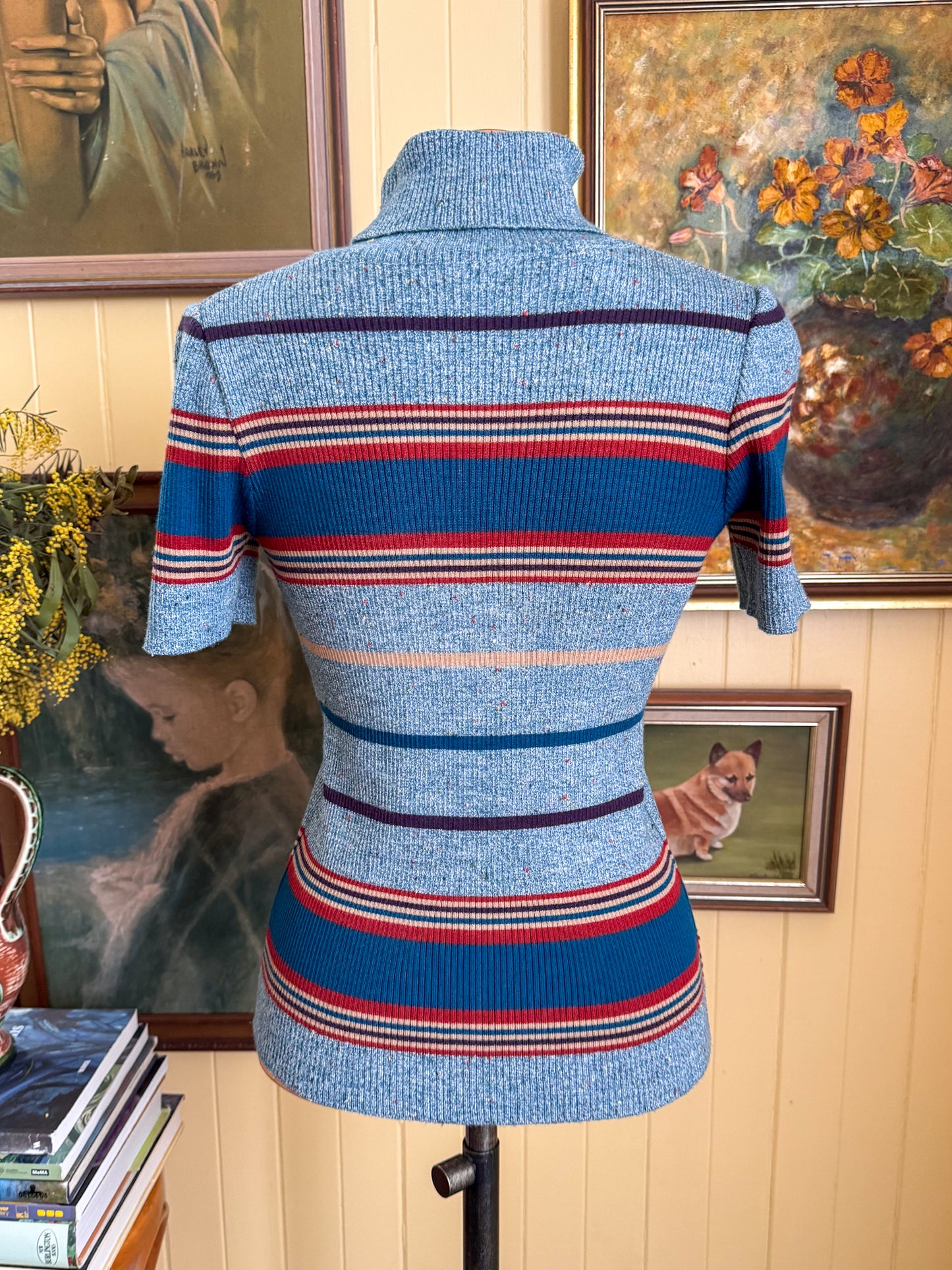 VINTAGE 1970S ITALIAN DAVID JONES WOOL BLEND KNIT ROLL NECK STRIPED SWEATER S/M