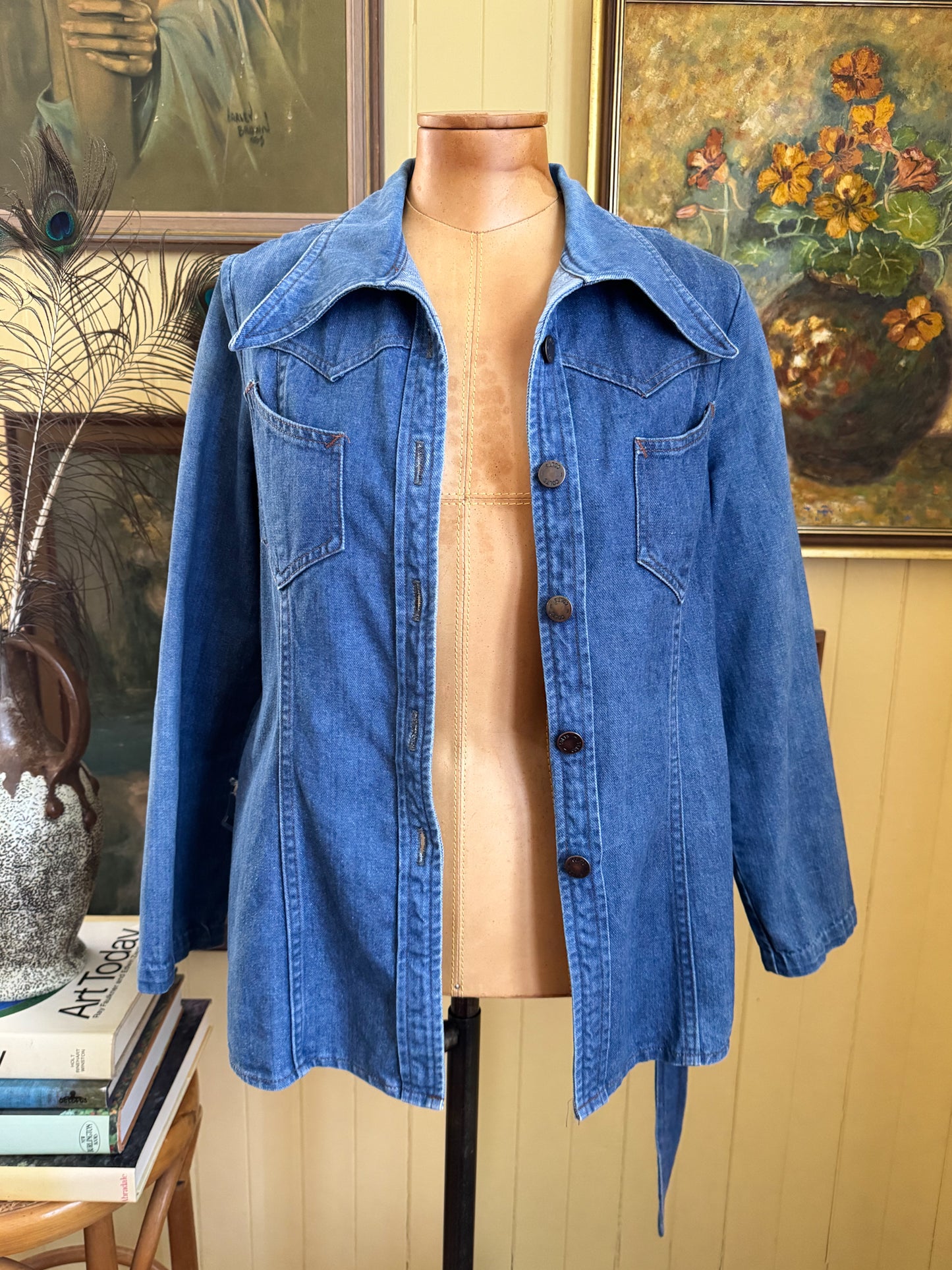 VINTAGE 1970S TARGET BRADMILL COTTON DENIM FITTED BELTED SHIRT JACKET S/M
