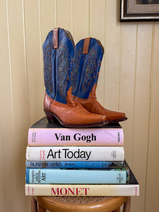 VINTAGE MEXICAN TONY LAMA EMBROIDERED TWO TONE LEATHER WESTERN CUBAN HEEL BOOTS 7