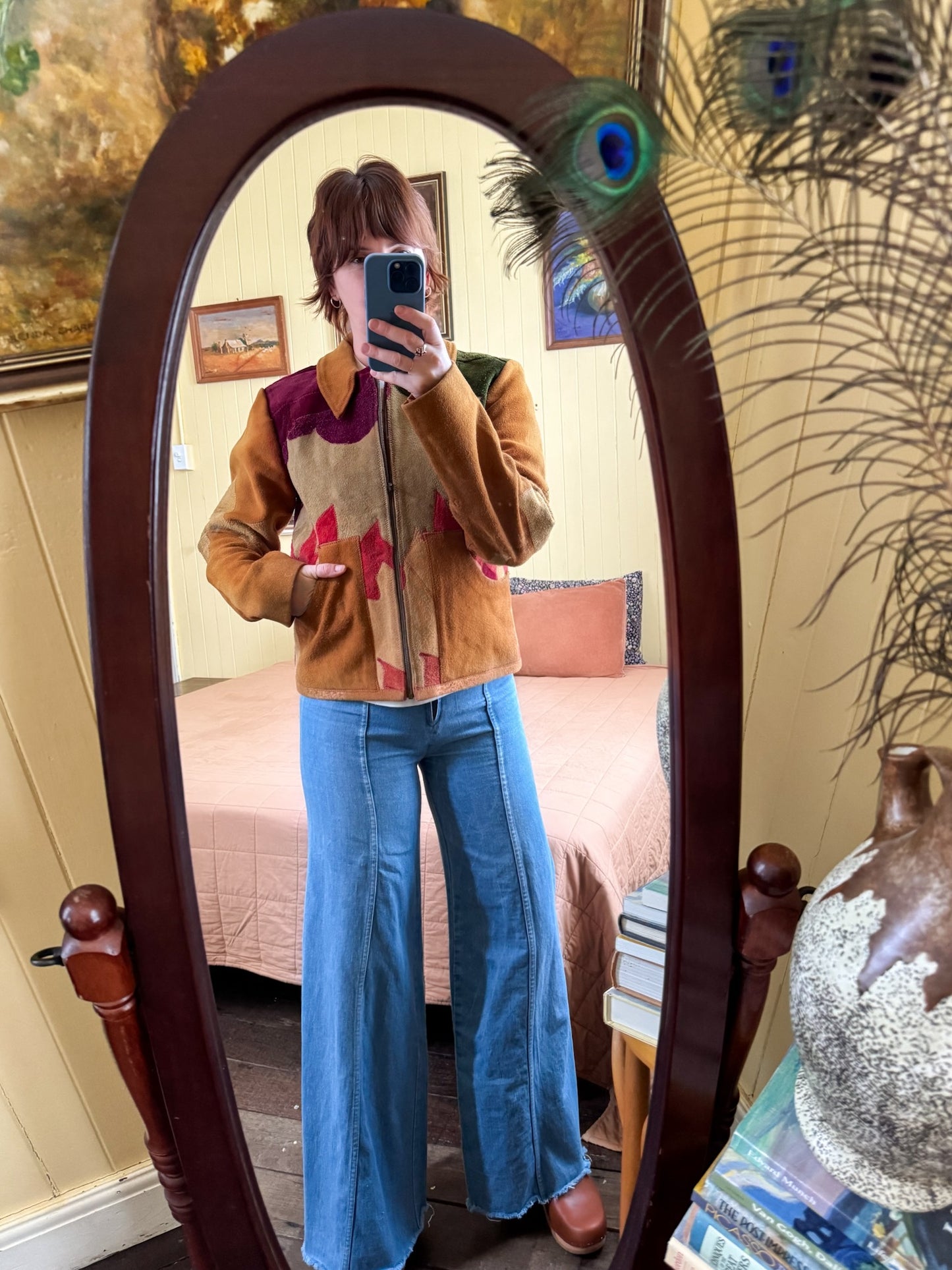 VINTAGE 1970S RARE BURRAY OLSON HAND PAINTED SUN PATCHWORK SUEDE LEATHER JACKET M