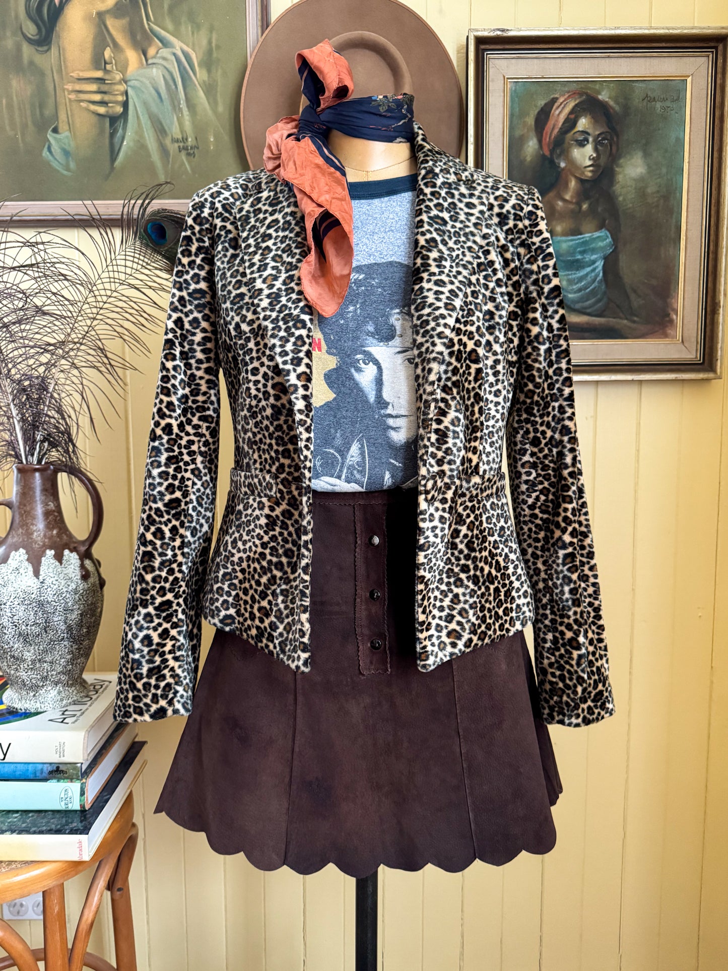 VINTAGE 1990S VERY VERY LEOPARD PRINT VELVET CROPPED BLAZER JACKET S