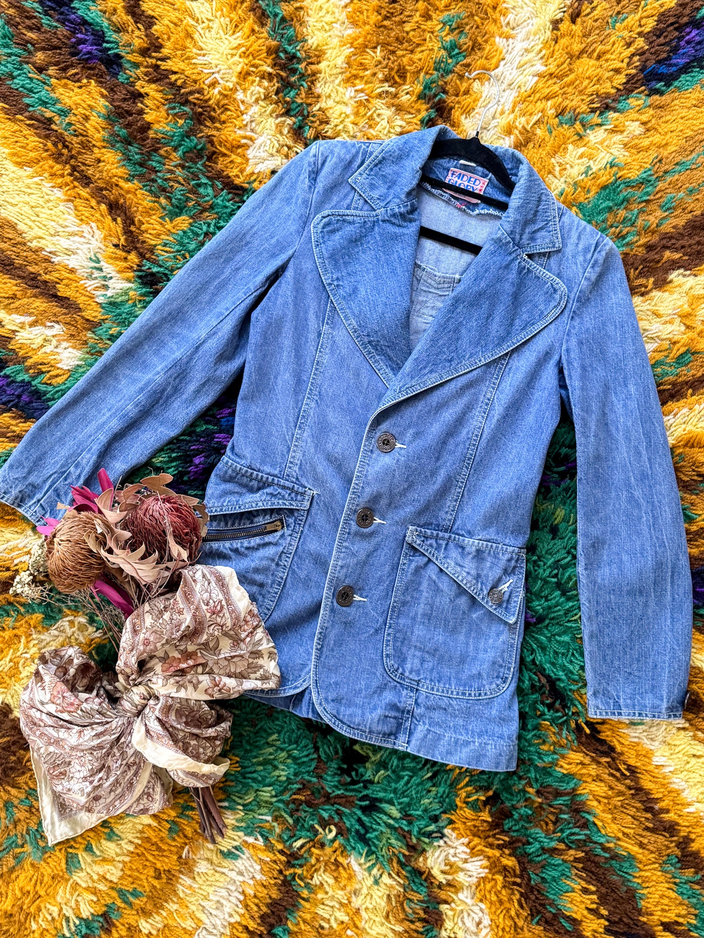 VINTAGE 1970S FADED GLORY COTTON DENIM FITTED BLAZER JACKET XS/S