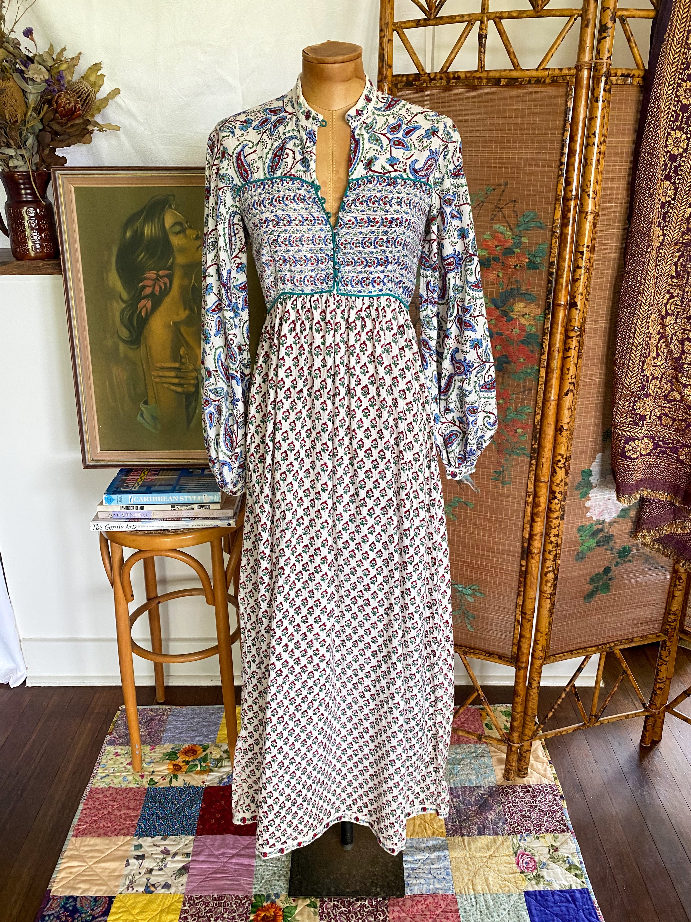 VINTAGE 1970S RARE ANOKHI INDIAN COTTON BLOCK PRINT MAXI DRESS XS ...