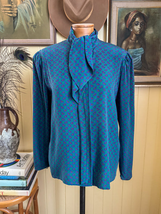 VINTAGE 1990S GUY LAROCHE PARIS SILK PAISLEY PRINT PUSSY BOW BLOUSE S/M