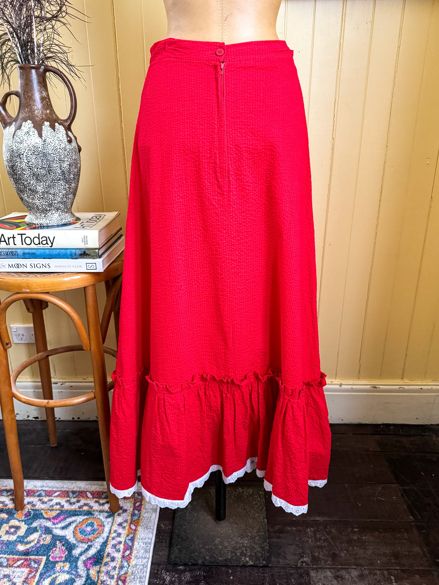 VINTAGE 1970S SALLY BROWNE SEERSUCKER COTTON MAXI SKIRT S